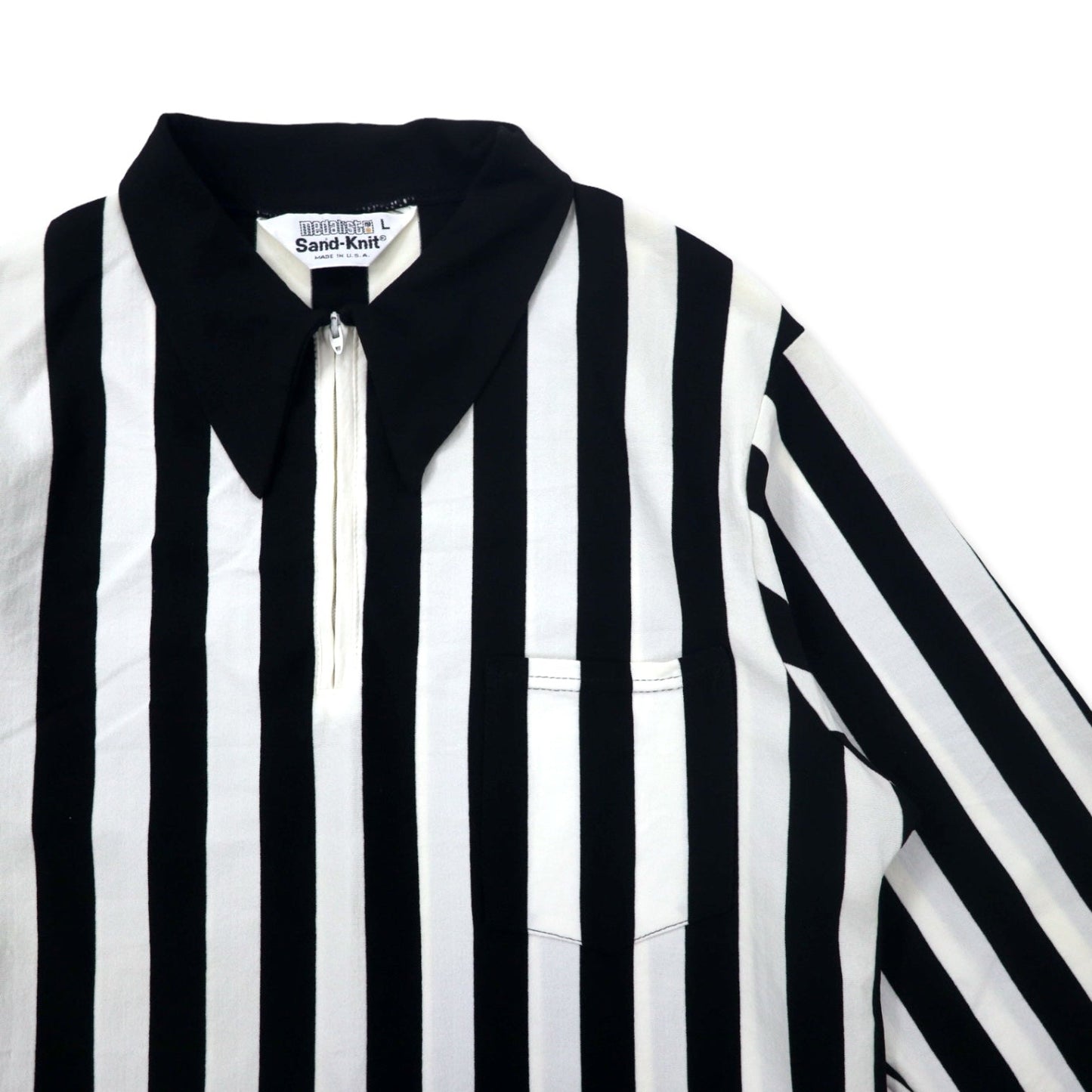 Made in the USA, 1970s Medalist Sand-Knit Half-Zip Game Shirt, Referee Jersey, Size L, White/Black Stripes, Polyester, Talon Zipper
