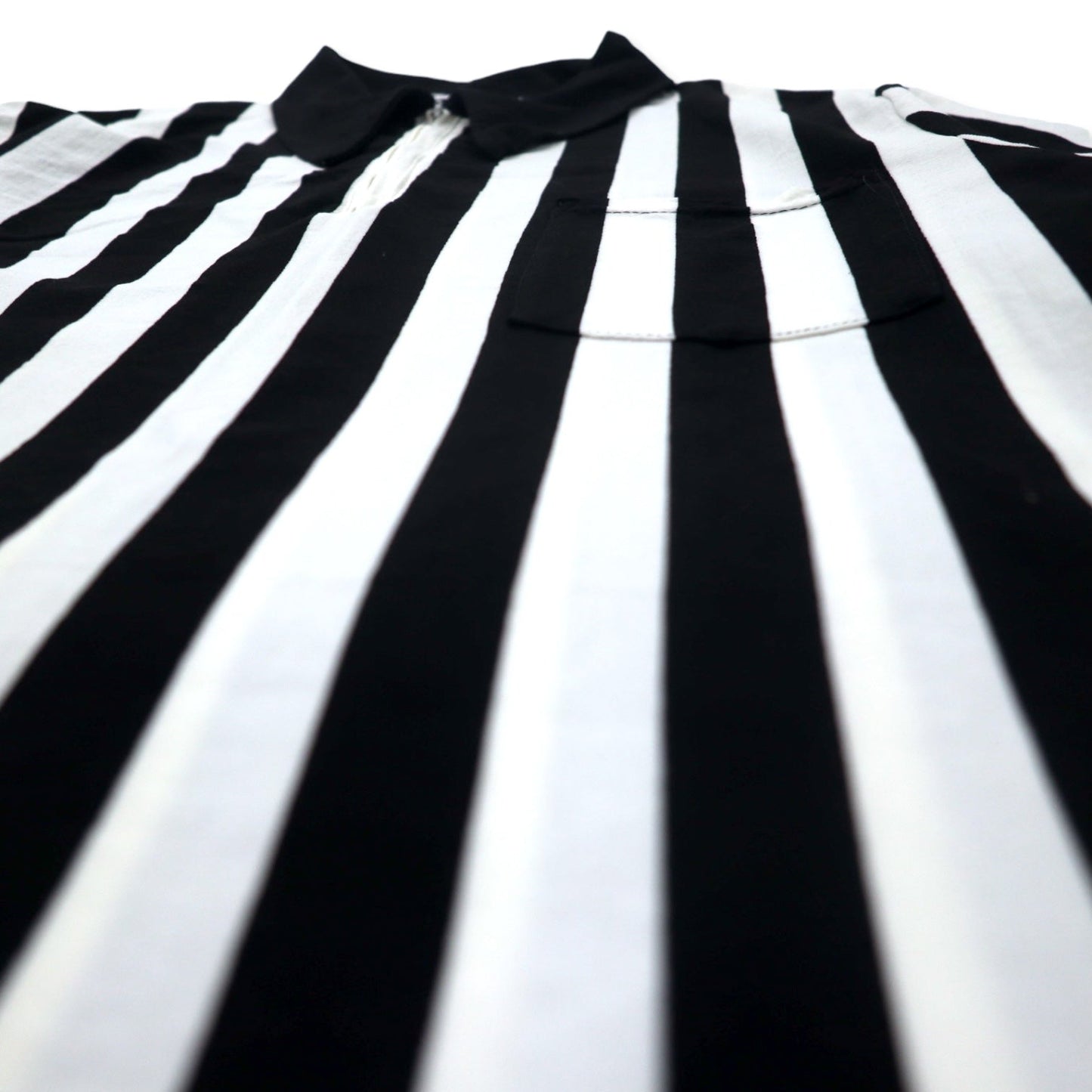Made in the USA, 1970s Medalist Sand-Knit Half-Zip Game Shirt, Referee Jersey, Size L, White/Black Stripes, Polyester, Talon Zipper