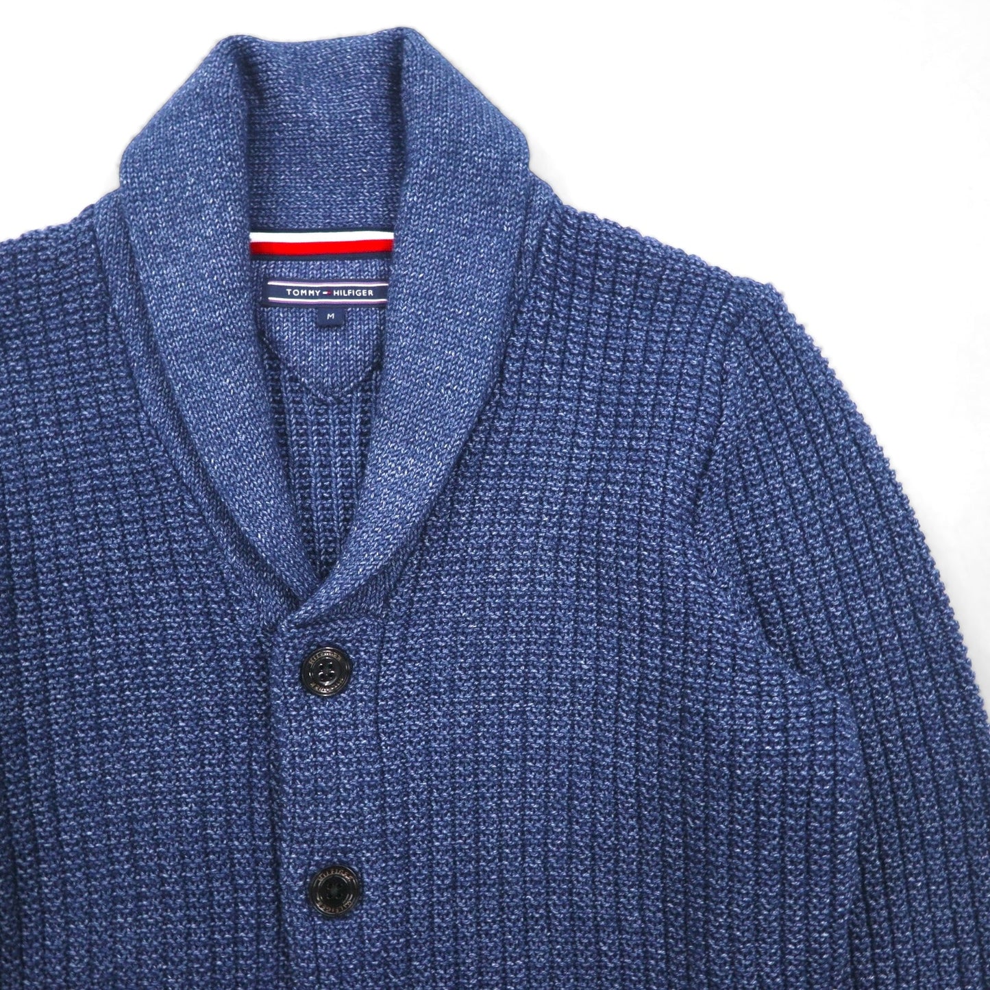 TOMMY HILFIGER ショールカラー ワッフル ニット カーディガン M ネイビー ローゲージ パッチポケット