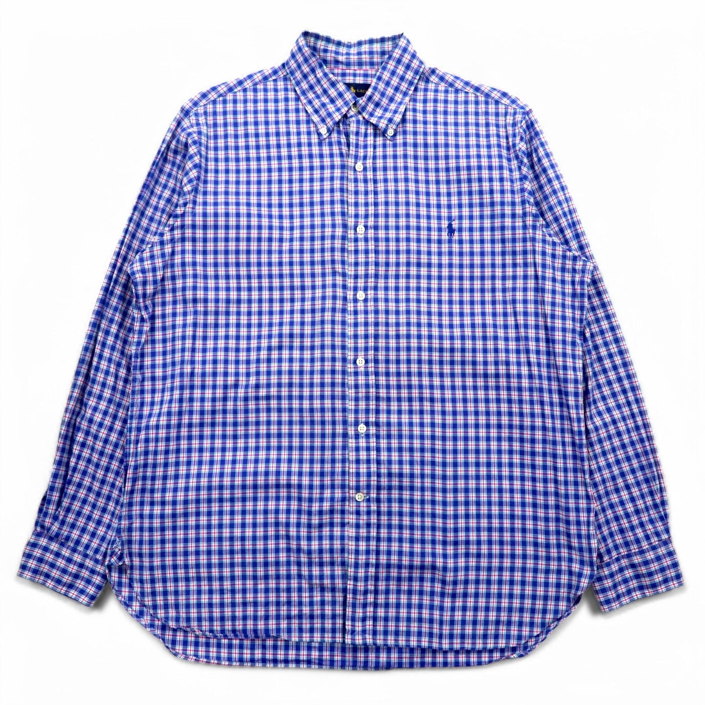 RALPH LAUREN Button-Down Shirt, Large, Blue Check, Oversized, Small Pony Embroidery
