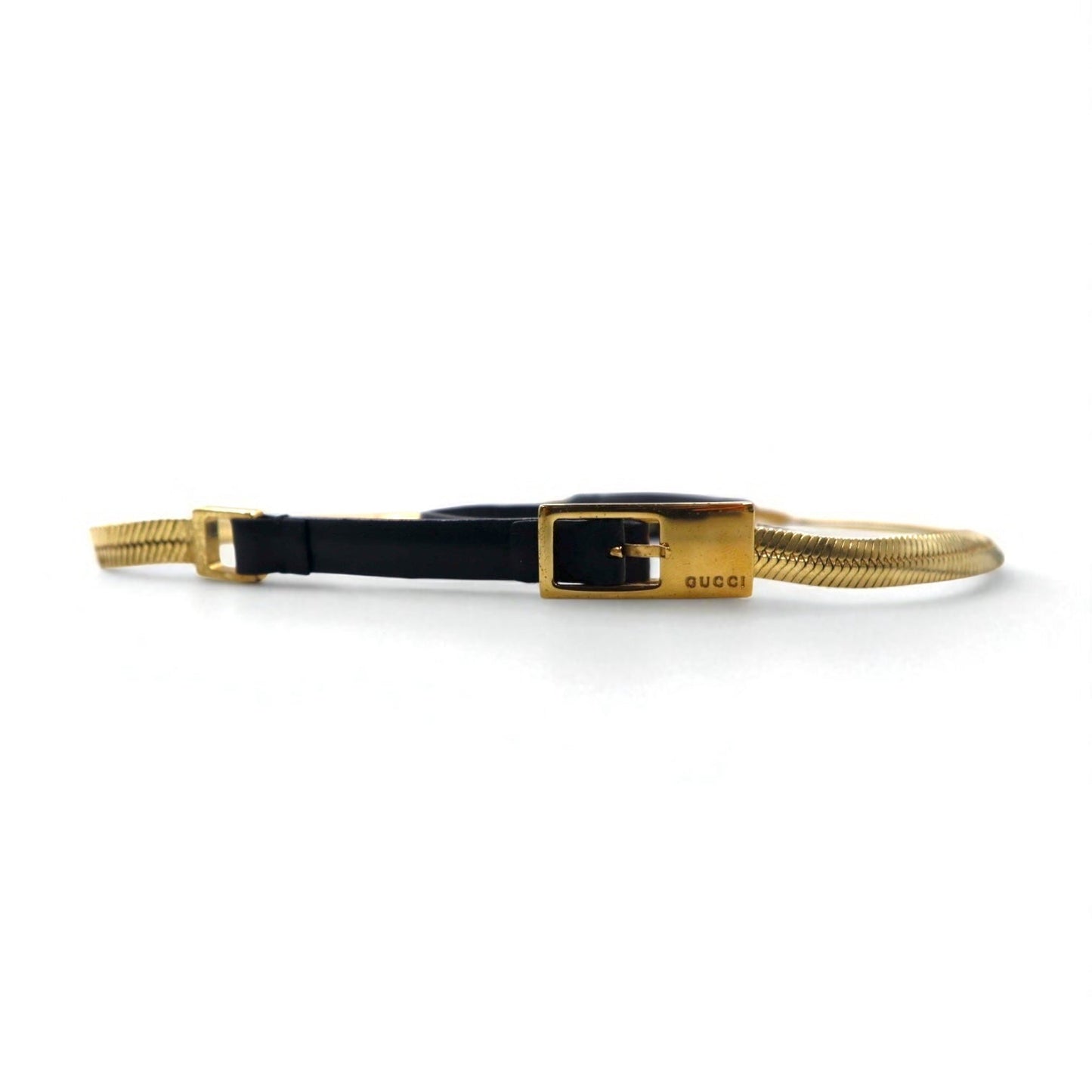 GUCCI Snake Chain Narrow Belt, Gold, Black Metal, and Leather, 037 0391 114963 26, Made in Italy