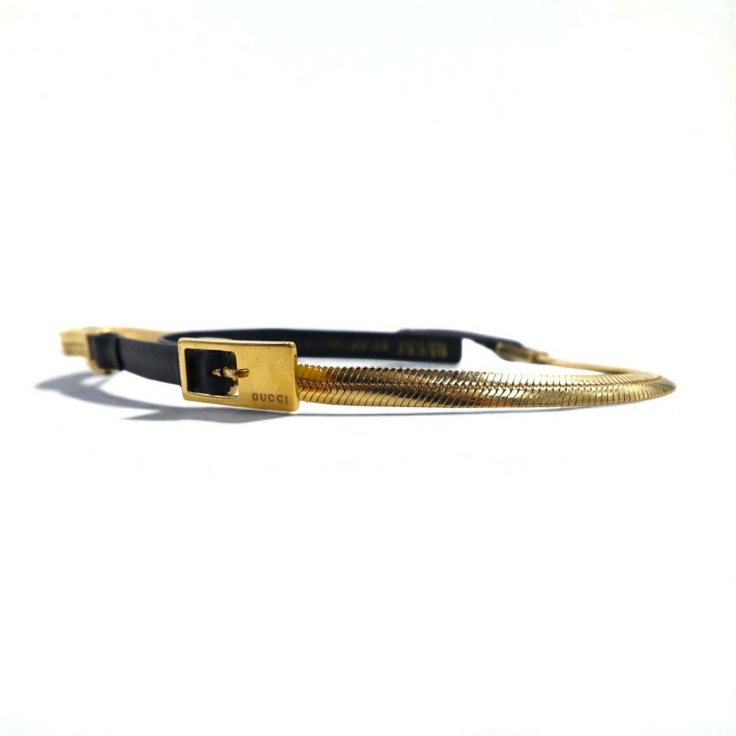 GUCCI Snake Chain Narrow Belt, Gold, Black Metal, and Leather, 037 0391 114963 26, Made in Italy