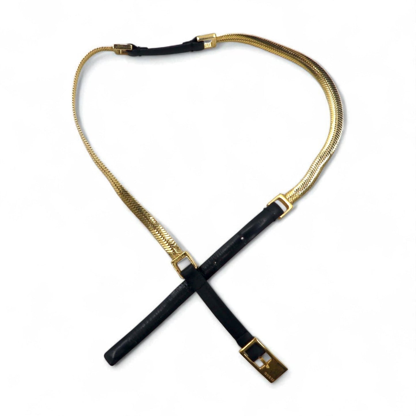 GUCCI Snake Chain Narrow Belt, Gold, Black Metal, and Leather, 037 0391 114963 26, Made in Italy