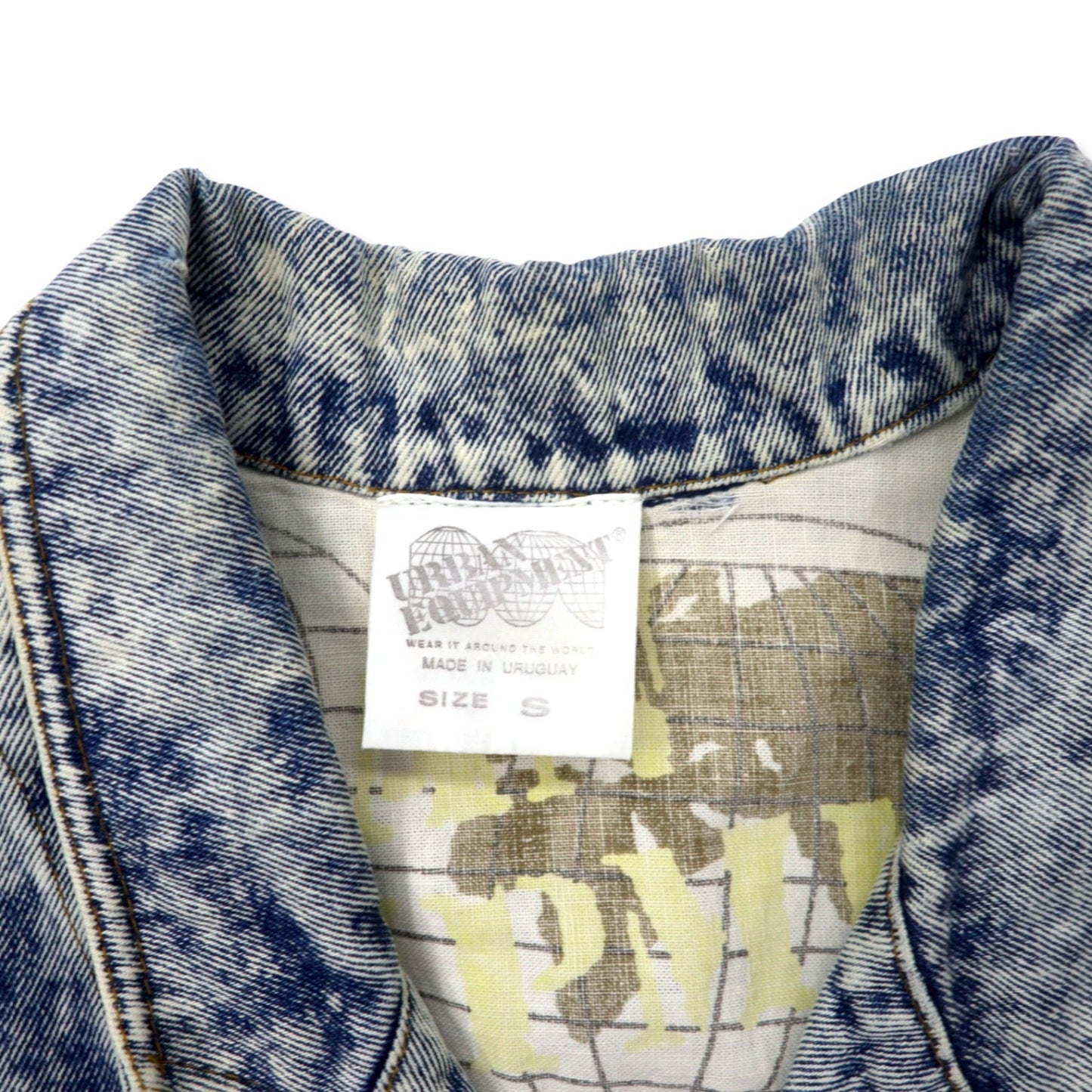 90s Uruguay-made URBAN EQUIPMENT chemical wash denim jacket, blue, cotton, size XL.