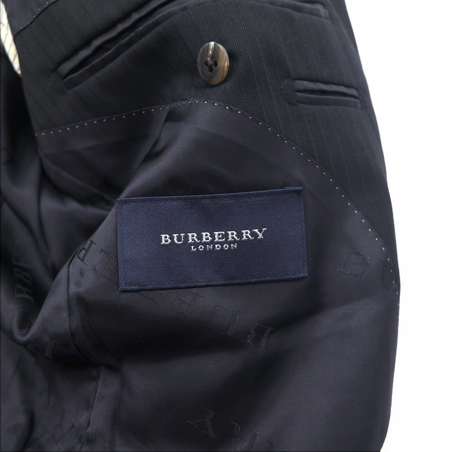 BURBERRY 2B Suit Set, Size L, Black Shadow Stripe Wool, Made in Japan