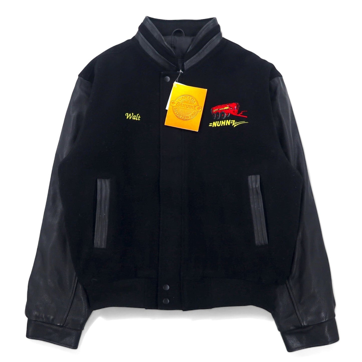 CANADA SPORTSWEAR Leather Sleeve Stadium Jacket, Size L, Black, Wool and Cowhide, NUHN Embroidery, Unused