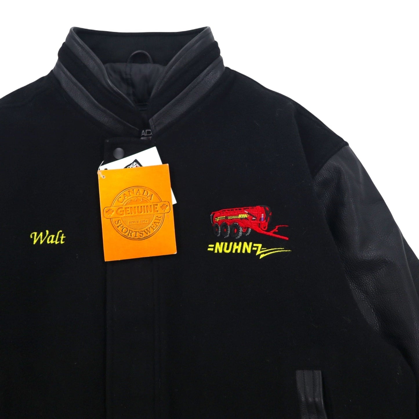 CANADA SPORTSWEAR Leather Sleeve Stadium Jacket, Size L, Black, Wool and Cowhide, NUHN Embroidery, Unused