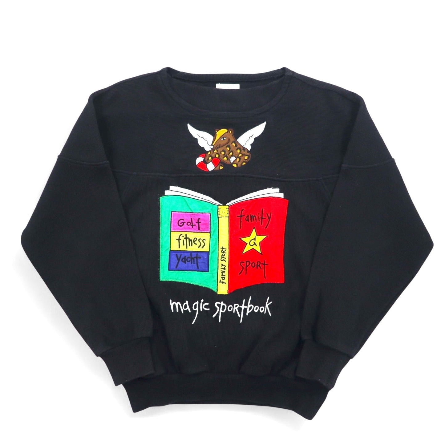 Castelbajac Sport 90s Character Embroidered Sweatshirt, Size Small, Black, Magic Sport Book, Made in Japan