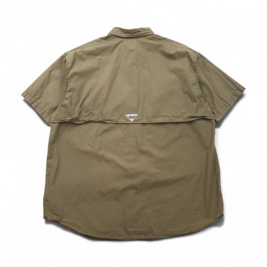 Columbia PFG バハマ 半袖 フィッシング シャツ L カーキ コットン ユーティリティ マルチポケット FM7130