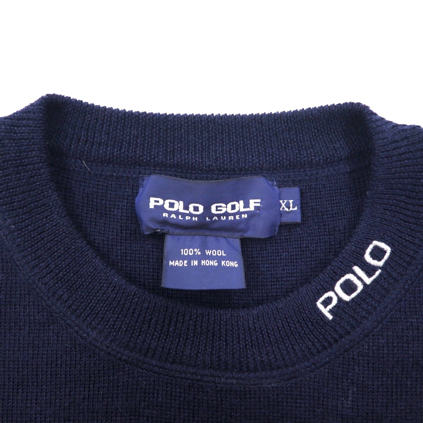 POLO GOLF RALPH LAUREN 90s Crew Neck Knit Sweater, XL, Navy Wool with Embroidery