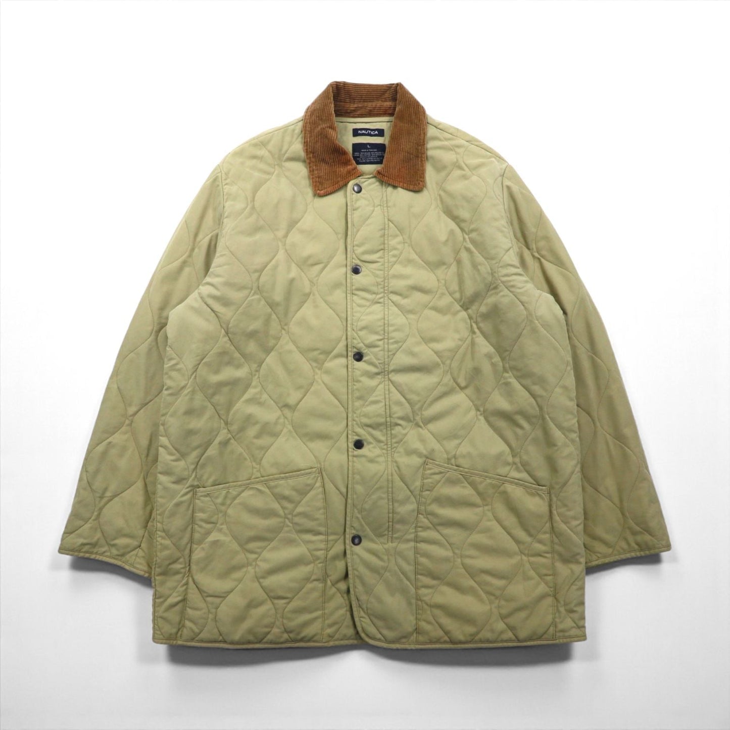 NAUTICA キルティングジャケット L ベージュ 裏地チェック 襟コーデュロイ 中綿 Smart Fabric technology スナップボタン ファスナー開閉