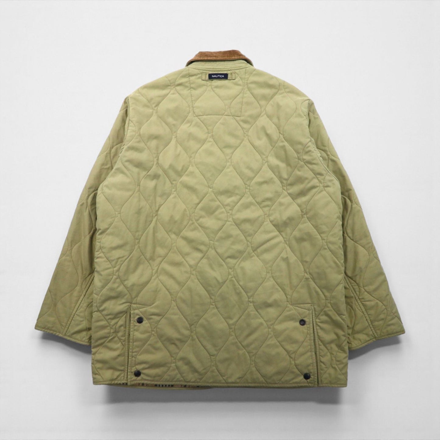 NAUTICA キルティングジャケット L ベージュ 裏地チェック 襟コーデュロイ 中綿 Smart Fabric technology スナップボタン ファスナー開閉