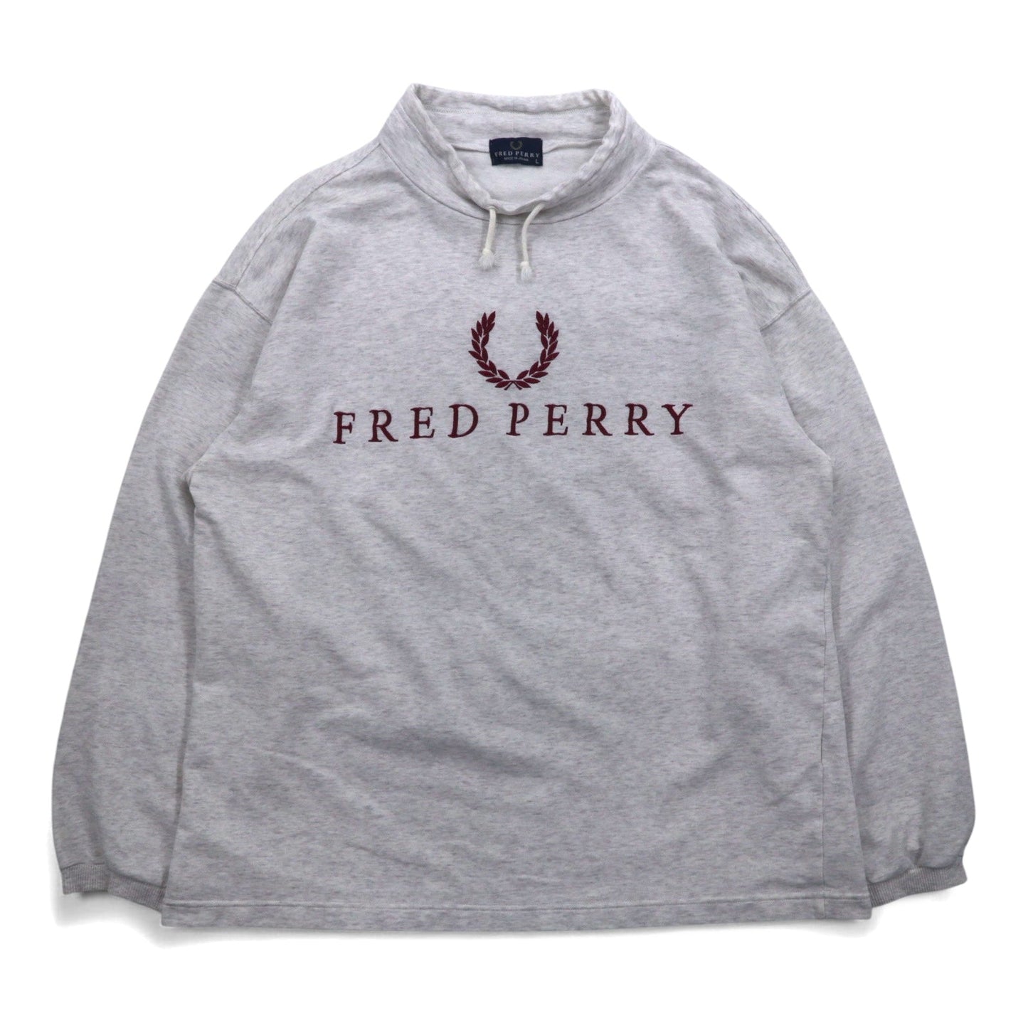 FRED PERRY 90s Drawcord High Neck Sweatshirt, Size L, Gray, Bottle Neck, Made in Japan