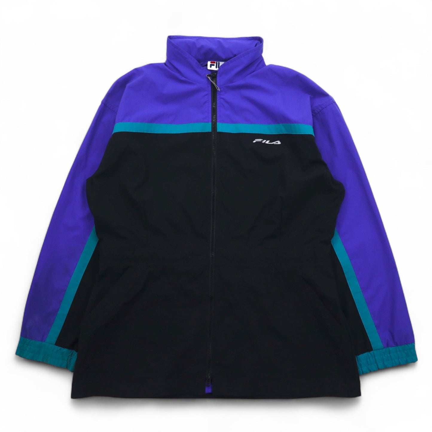 FILA 90s Nylon Jacket, Size L, Black and Purple, Drawcord, Retractable Hood, Double Zip