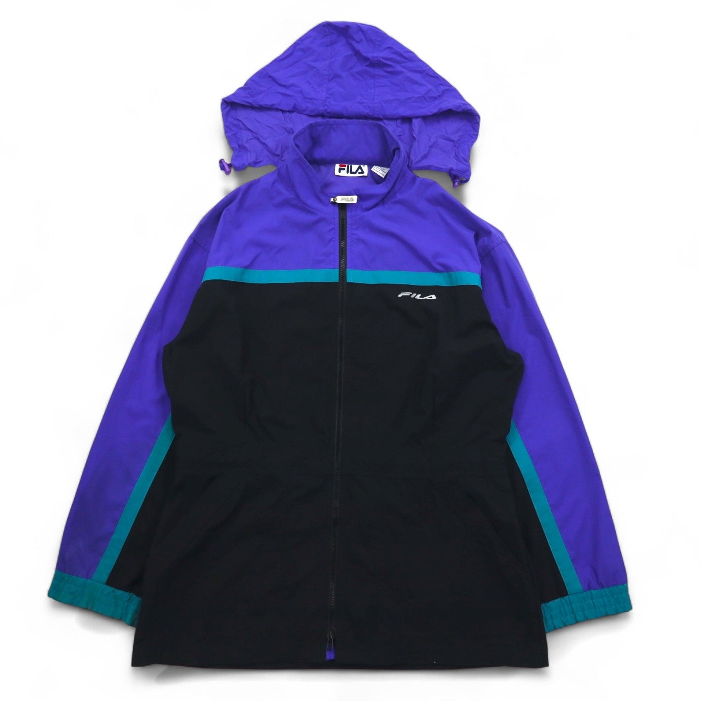 FILA 90s Nylon Jacket, Size L, Black and Purple, Drawcord, Retractable Hood, Double Zip