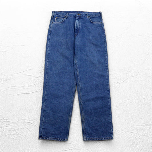 Carhartt Relaxed Fit Flannel-Lined Denim Pants, Size XL, Indigo with Blue Check Lining, B172 DST, Made in Mexico