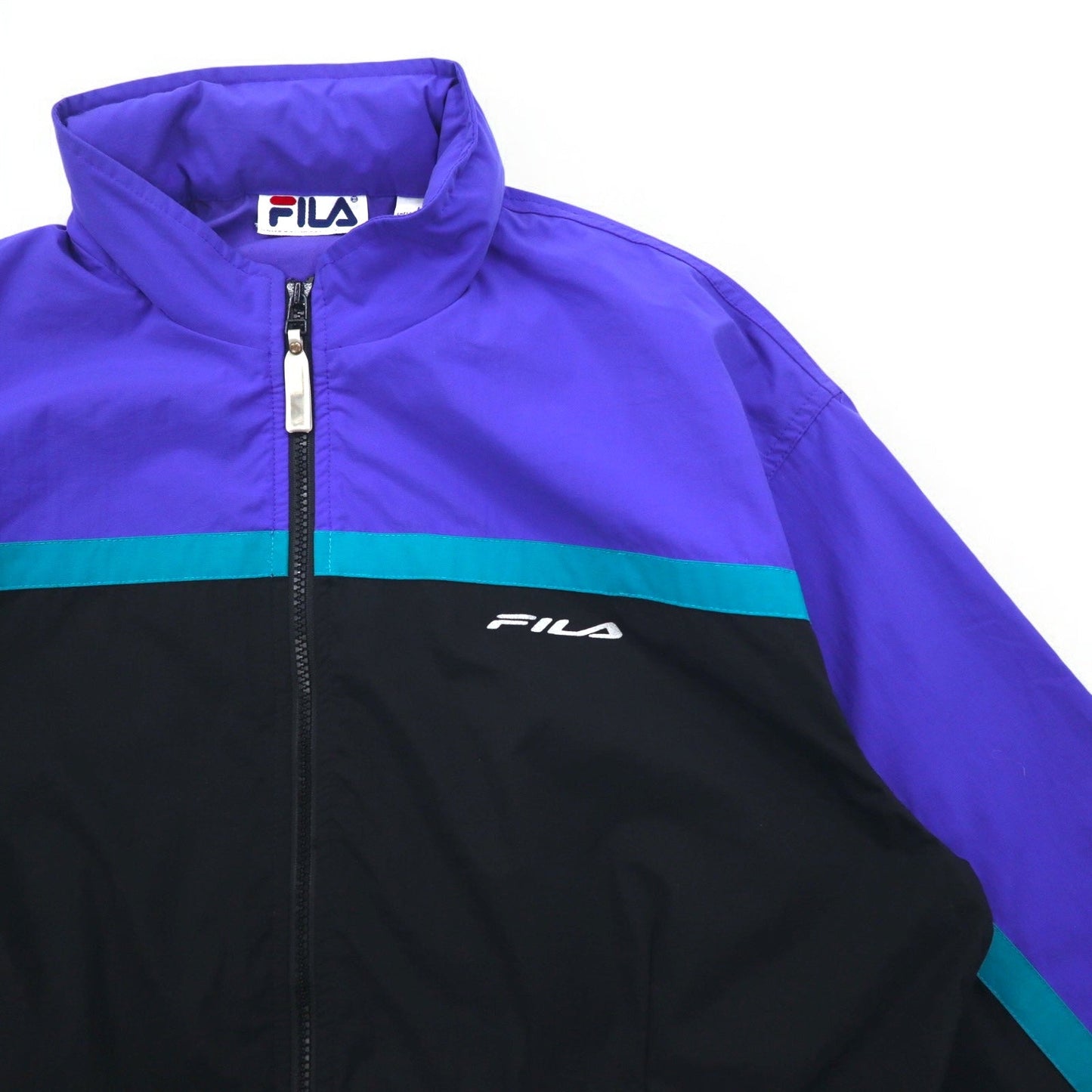 FILA 90s Nylon Jacket, Size L, Black and Purple, Drawcord, Retractable Hood, Double Zip