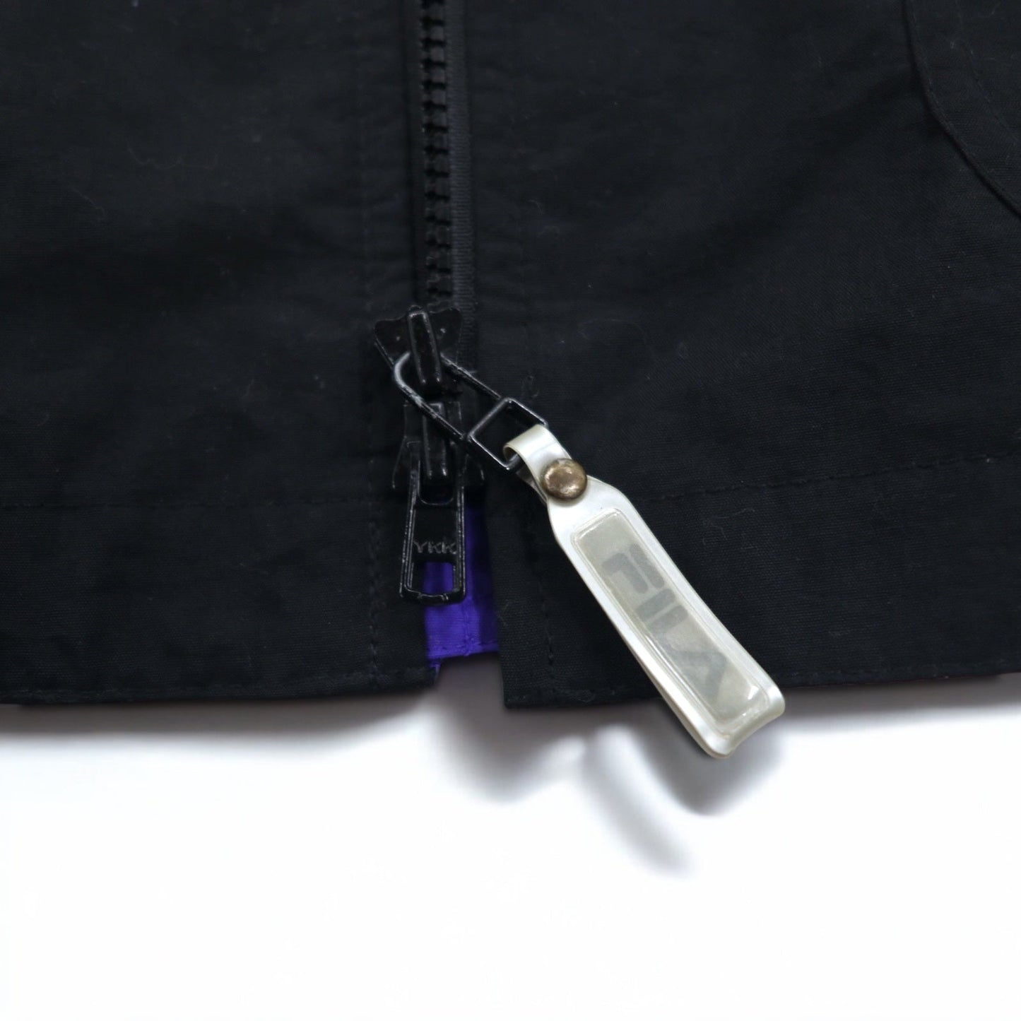 FILA 90s Nylon Jacket, Size L, Black and Purple, Drawcord, Retractable Hood, Double Zip
