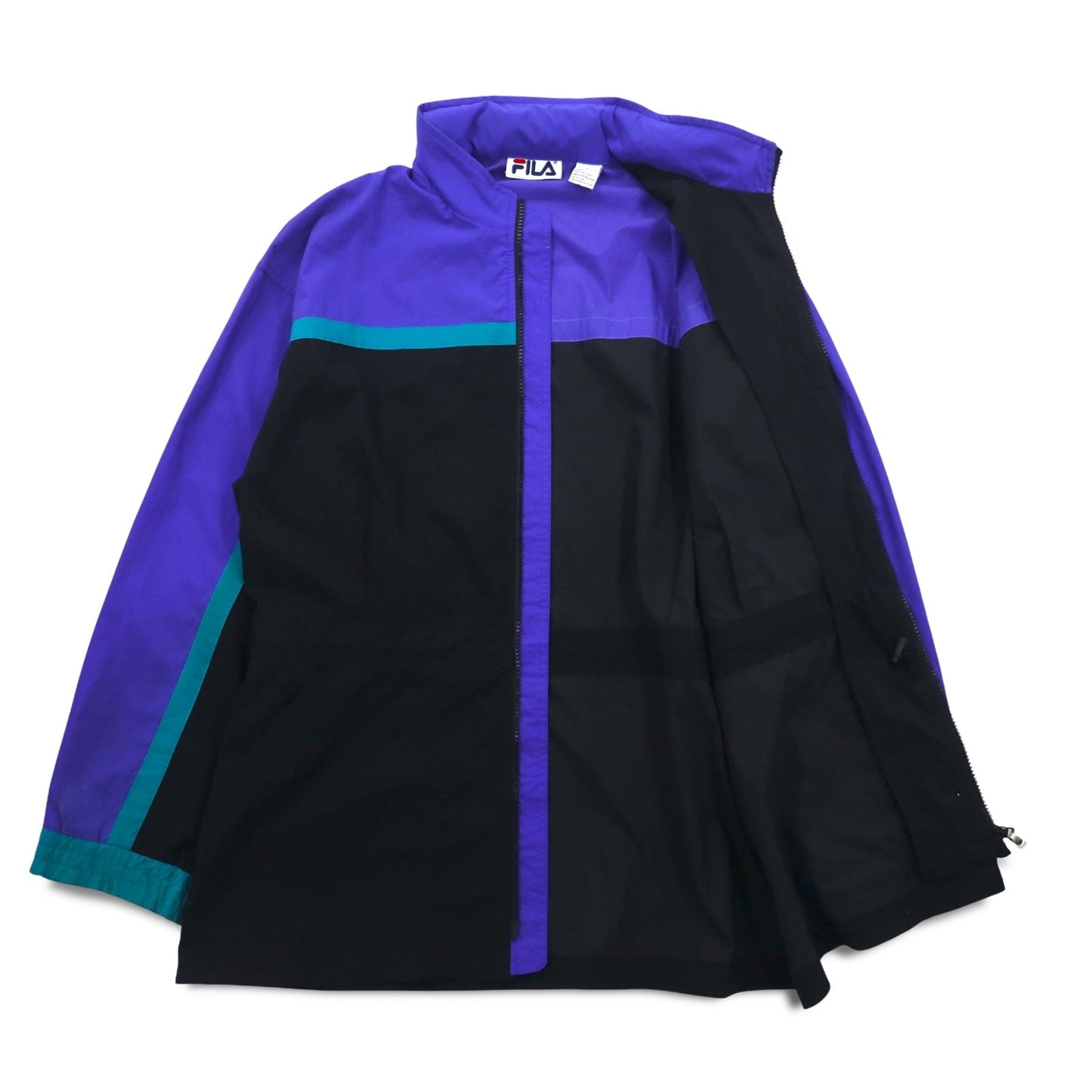 FILA 90s Nylon Jacket, Size L, Black and Purple, Drawcord, Retractable Hood, Double Zip