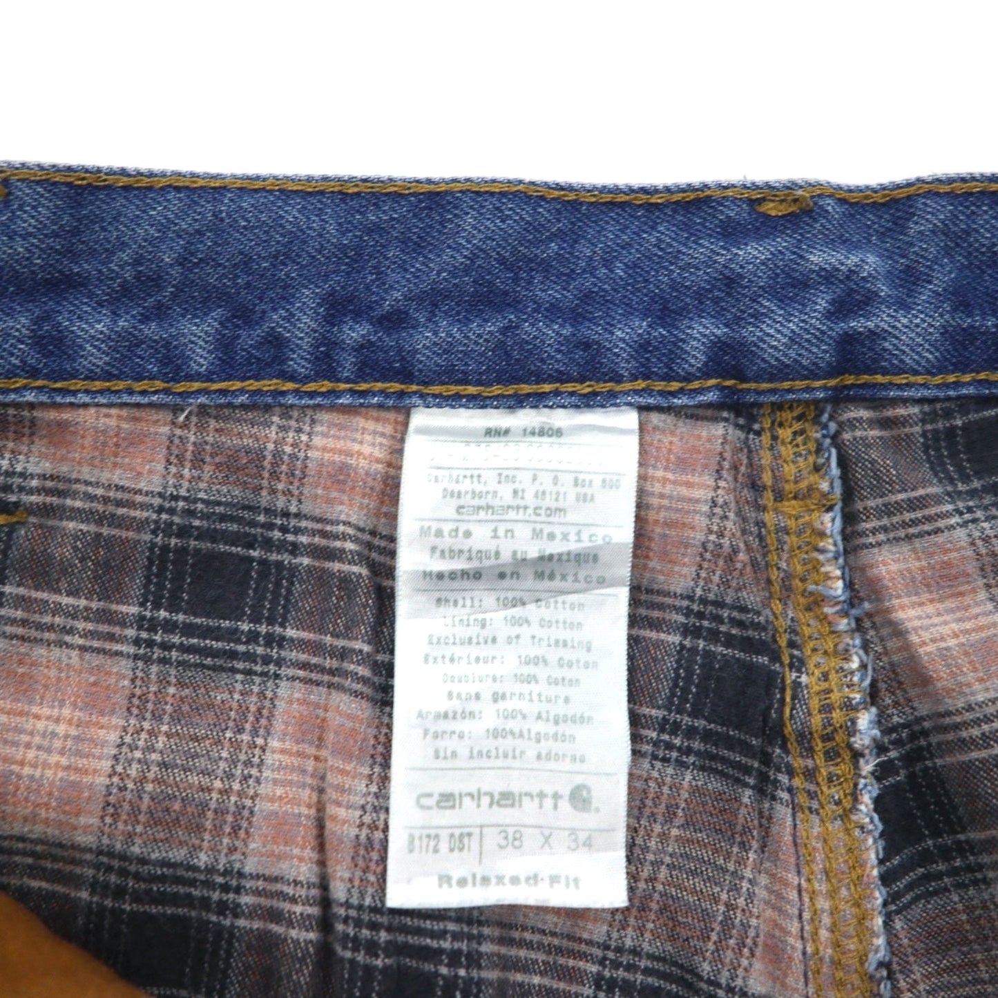 Carhartt Relaxed Fit Flannel-Lined Denim Pants, Size XL, Indigo with Blue Check Lining, B172 DST, Made in Mexico