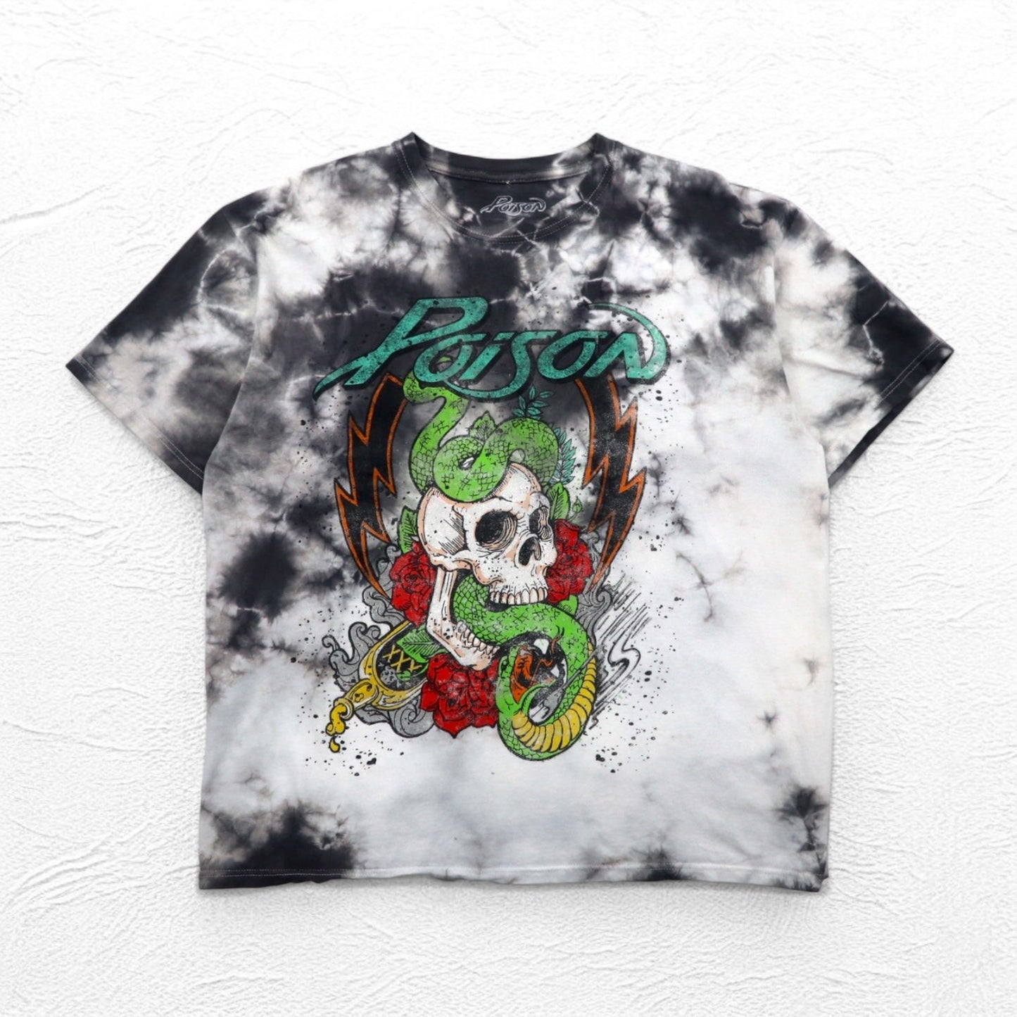 POISON Band T-Shirt, XL, Tie-Dye, White, Gray, Skull, Made in Mexico