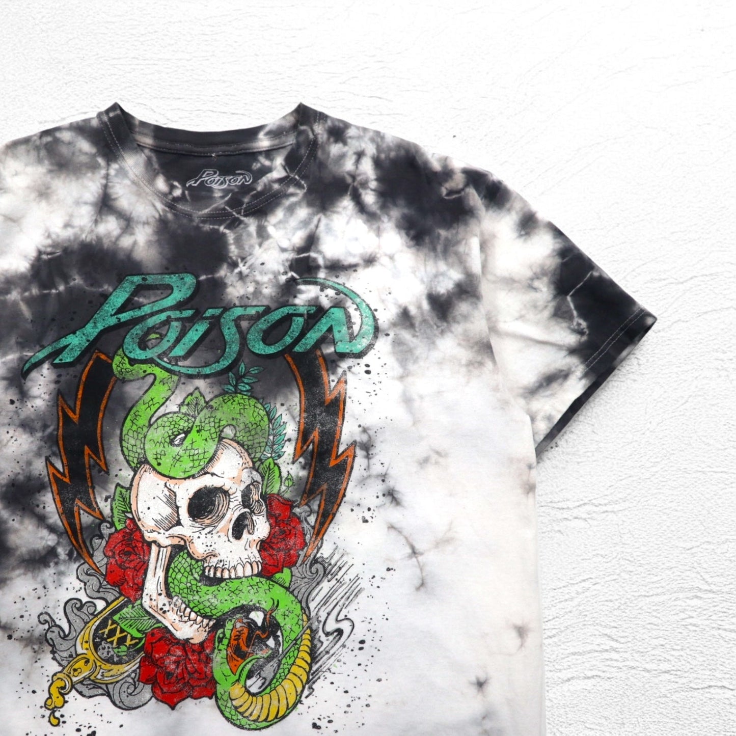 POISON Band T-Shirt, XL, Tie-Dye, White, Gray, Skull, Made in Mexico