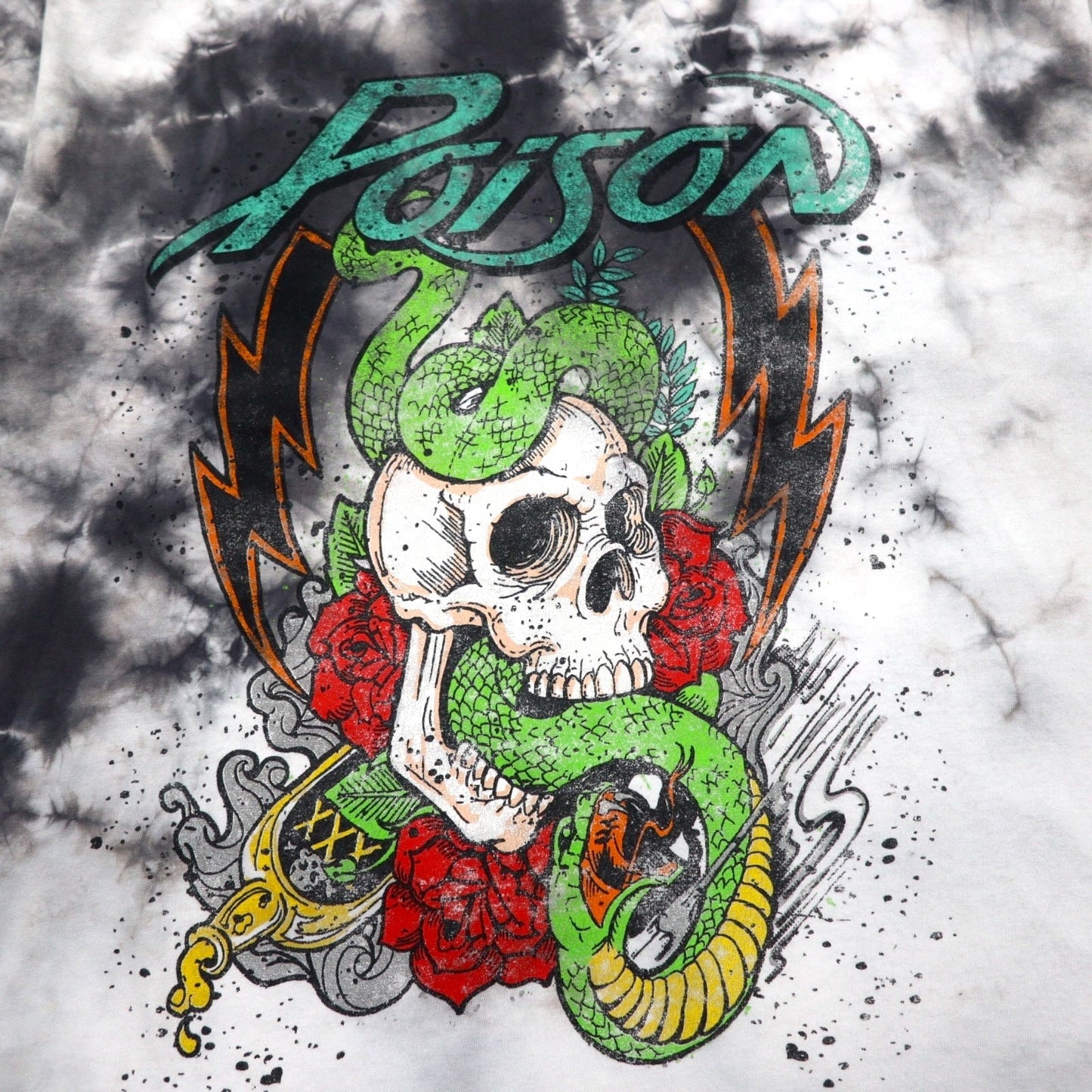 POISON Band T-Shirt, XL, Tie-Dye, White, Gray, Skull, Made in Mexico