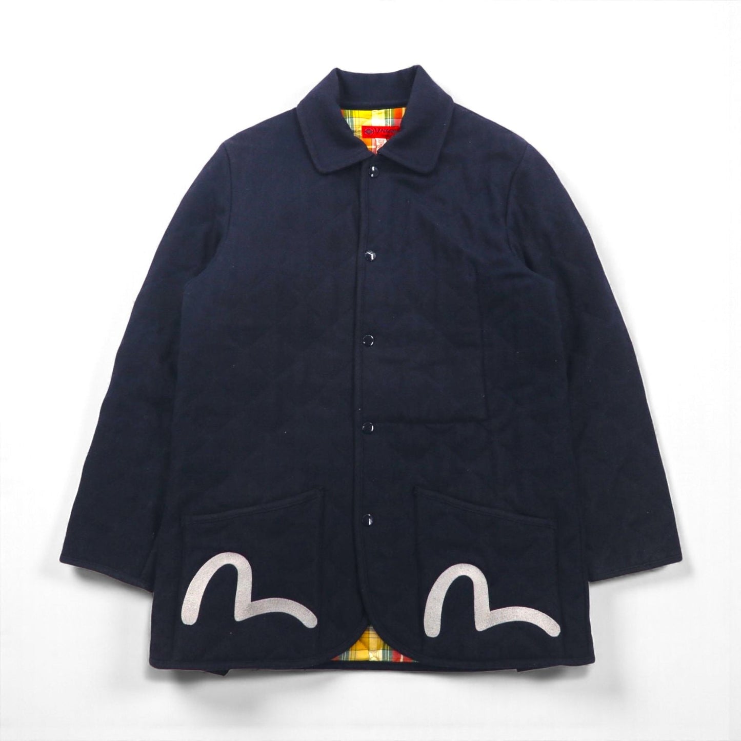 YAMANE ( EVISU ) ツイード キルティングジャケット L ネイビー 刺繍 カモメ 中綿 タータンチェック裏地