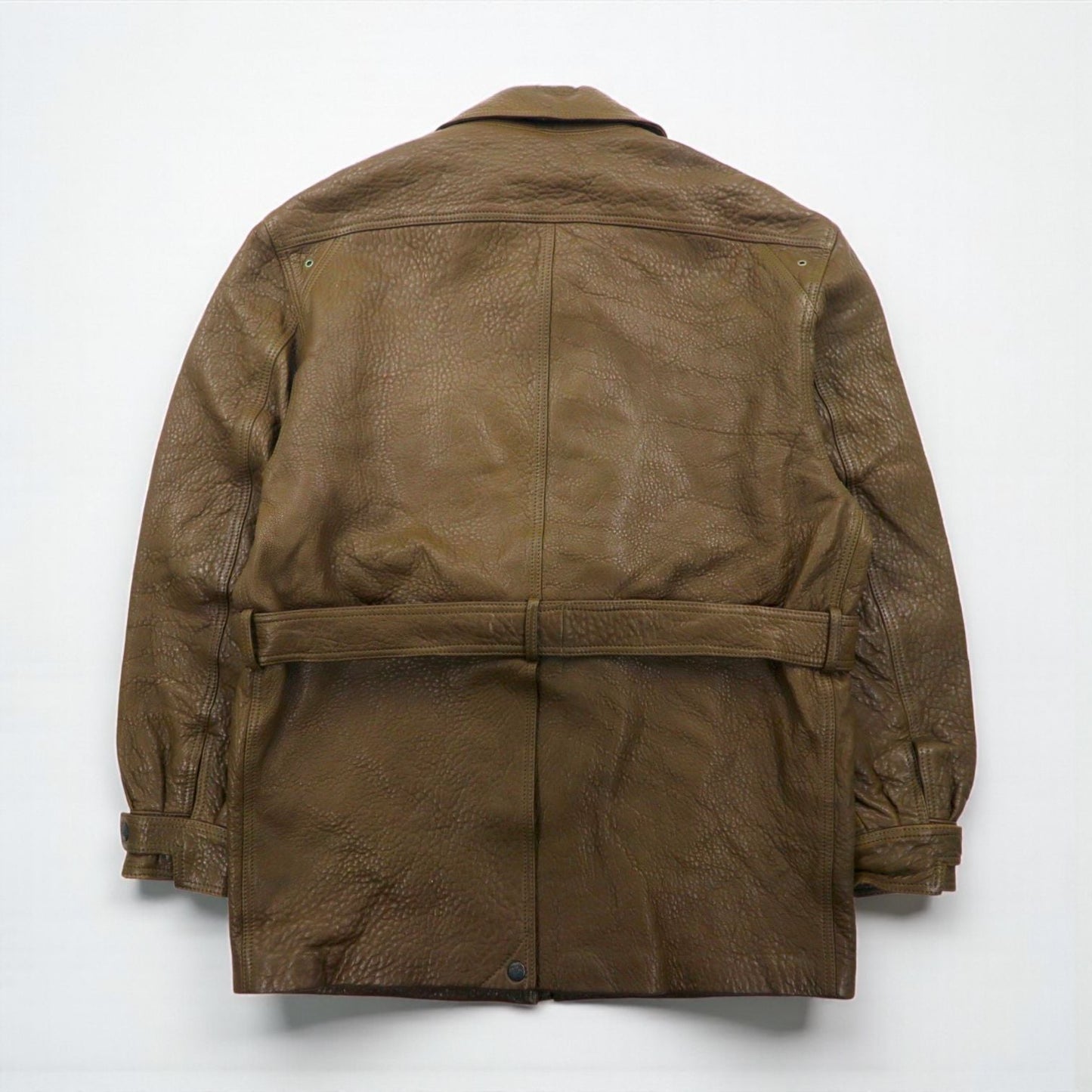 80s France Vintage Belted Leather Jacket シボ革 レザーコート XL 比翼 ベルト付き 80年代 フランス製 McDouglas PARIS
