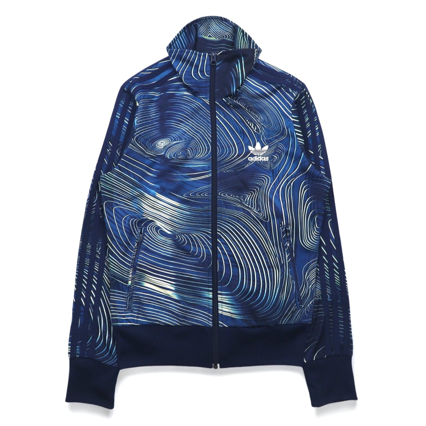 adidas Originals Firebird Track Top (BQ1001) - Stand Collar, High Neck, Size M, Navy, All-Over Trefoil Logo, 3-Stripes, Blue Geology
