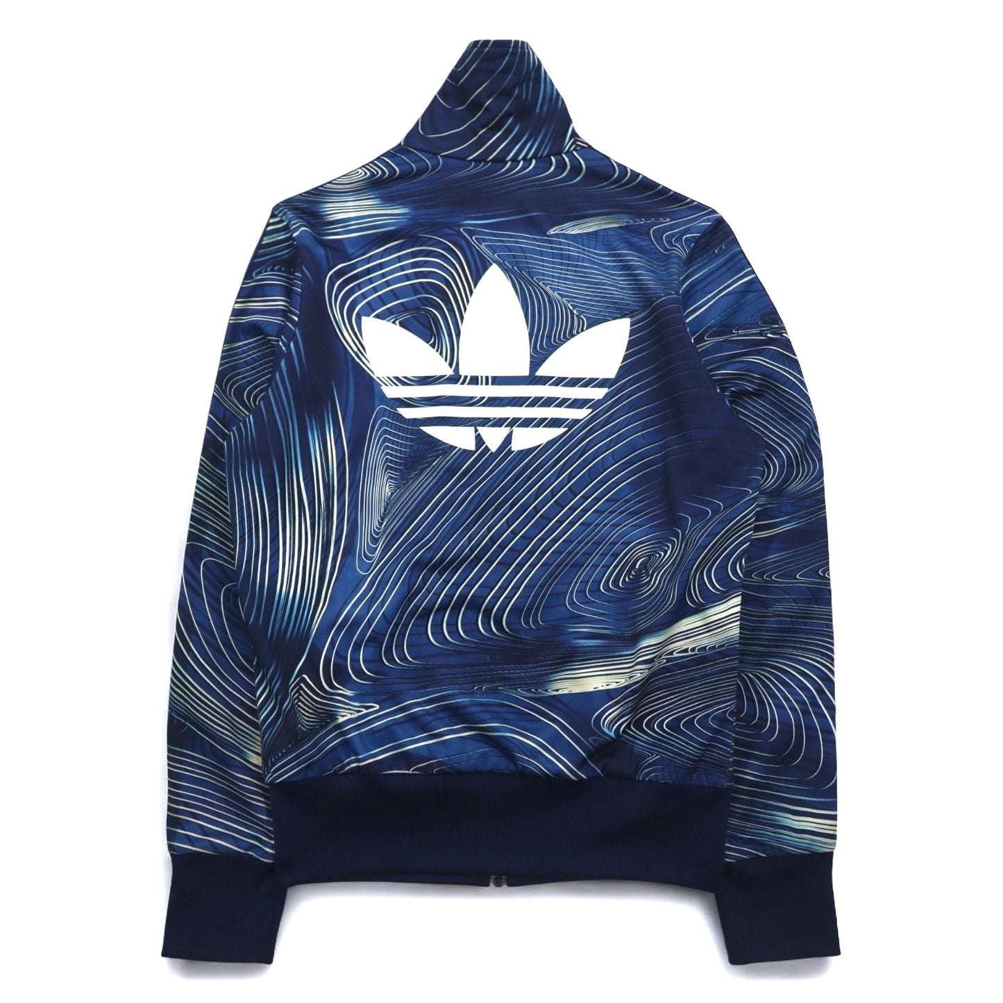 adidas Originals Firebird Track Top (BQ1001) - Stand Collar, High Neck, Size M, Navy, All-Over Trefoil Logo, 3-Stripes, Blue Geology