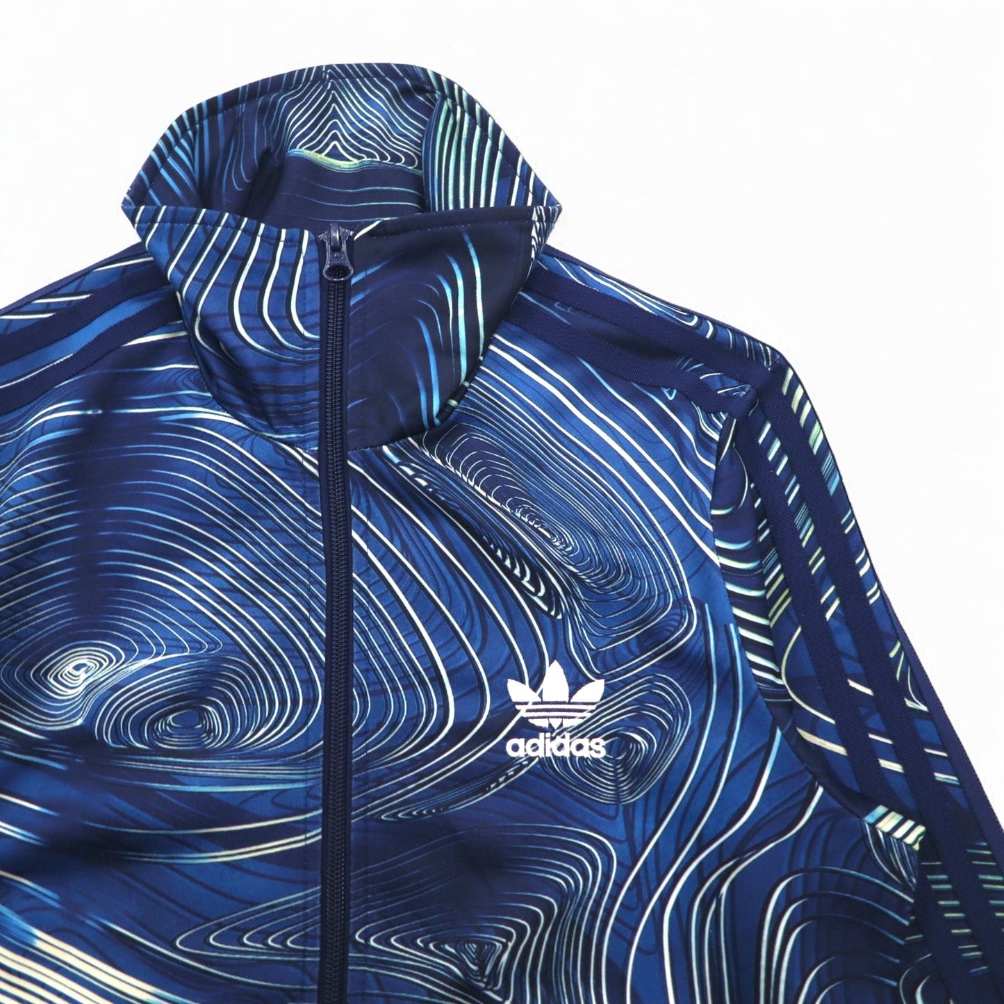 adidas Originals Firebird Track Top (BQ1001) - Stand Collar, High Neck, Size M, Navy, All-Over Trefoil Logo, 3-Stripes, Blue Geology