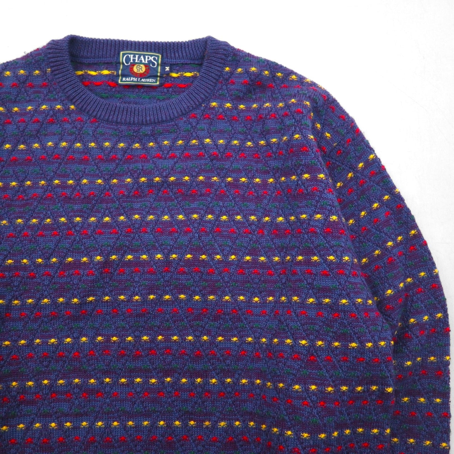 CHAPS RALPH LAUREN 90年代 日本製 クルーネック 総柄 ニット セーター M ネイビー ウール