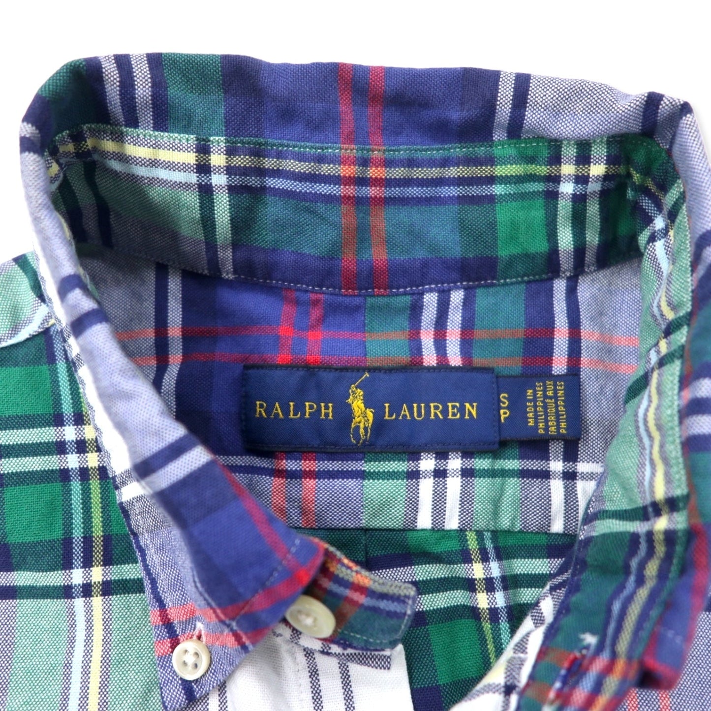 RALPH LAUREN Button-Down Shirt, Size S, Blue/Green Check Cotton with Small Pony Embroidery
