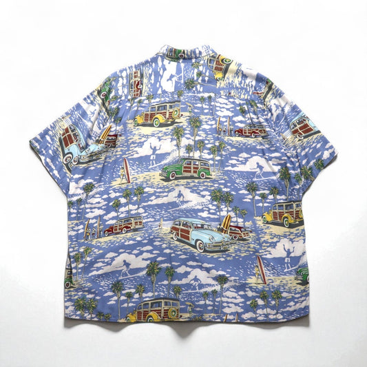ART OF EDDY Y by REYN SPOONER 90年代 ハワイ製 クラシックカー アロハシャツ XL ブルー スパンレーヨン