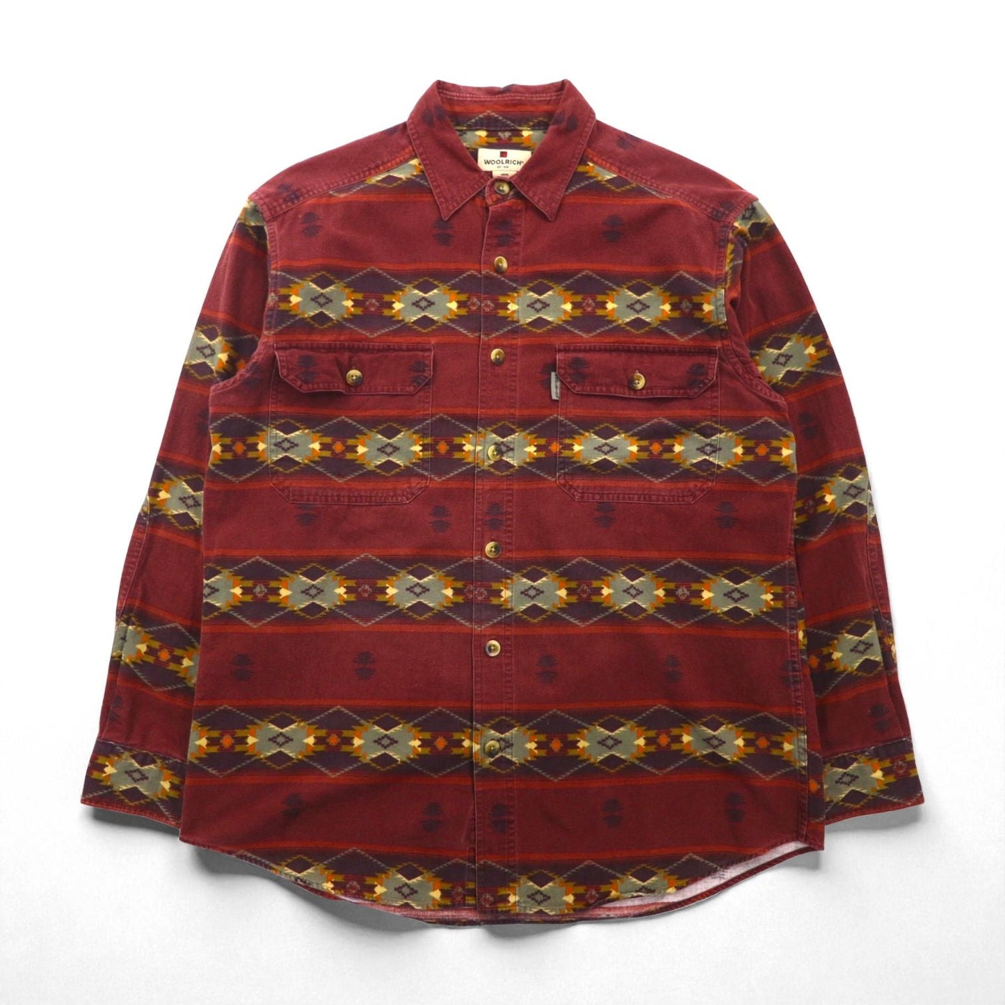 Woolrich ネイティブ柄 ワークシャツ M ボルドー 総柄 コットン 胸ポケット AZTEC STRIPE