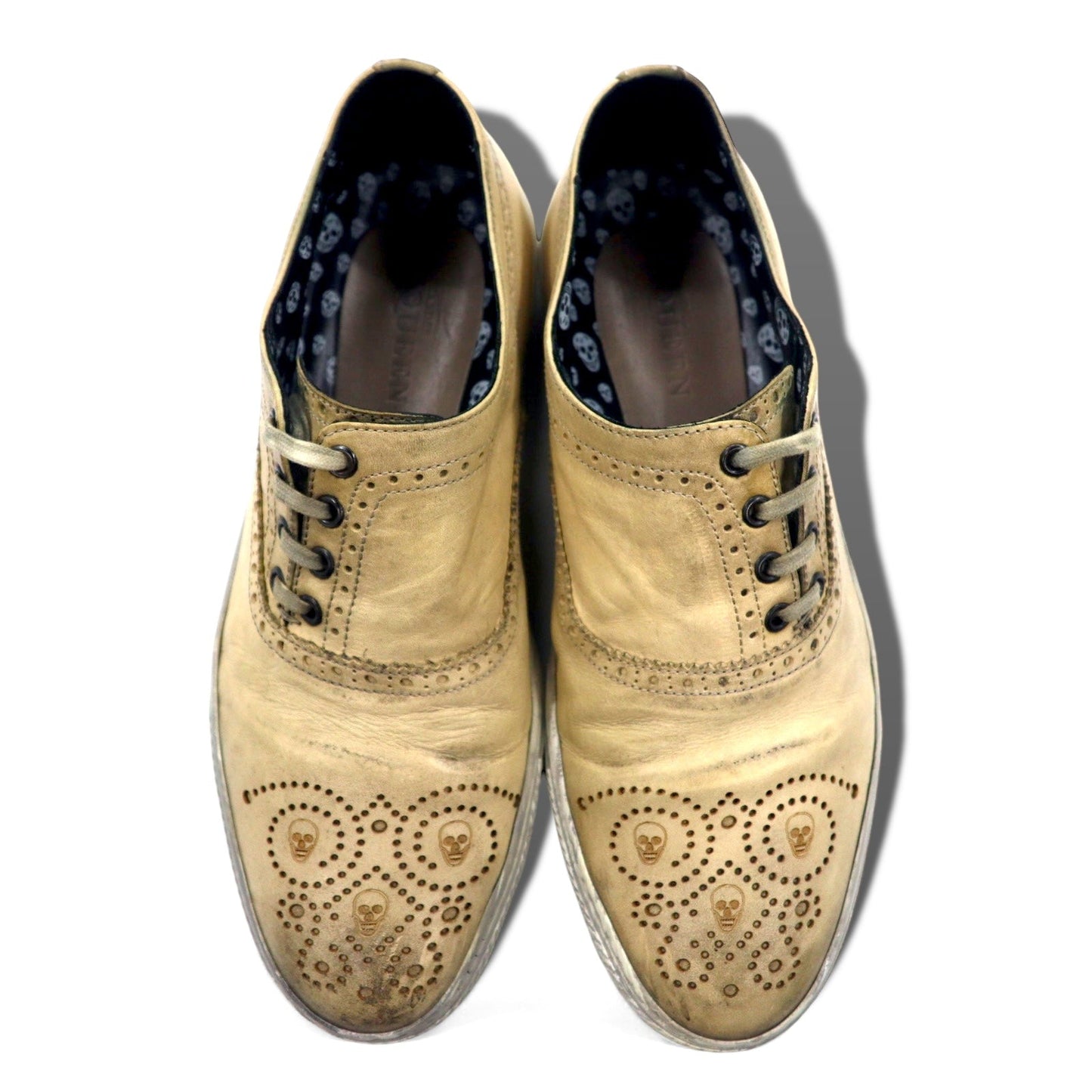 ALEXANDER McQUEEN Vintage Distressed Skull Medallion Leather Sneakers, Size 27cm, Beige Leather, 7879