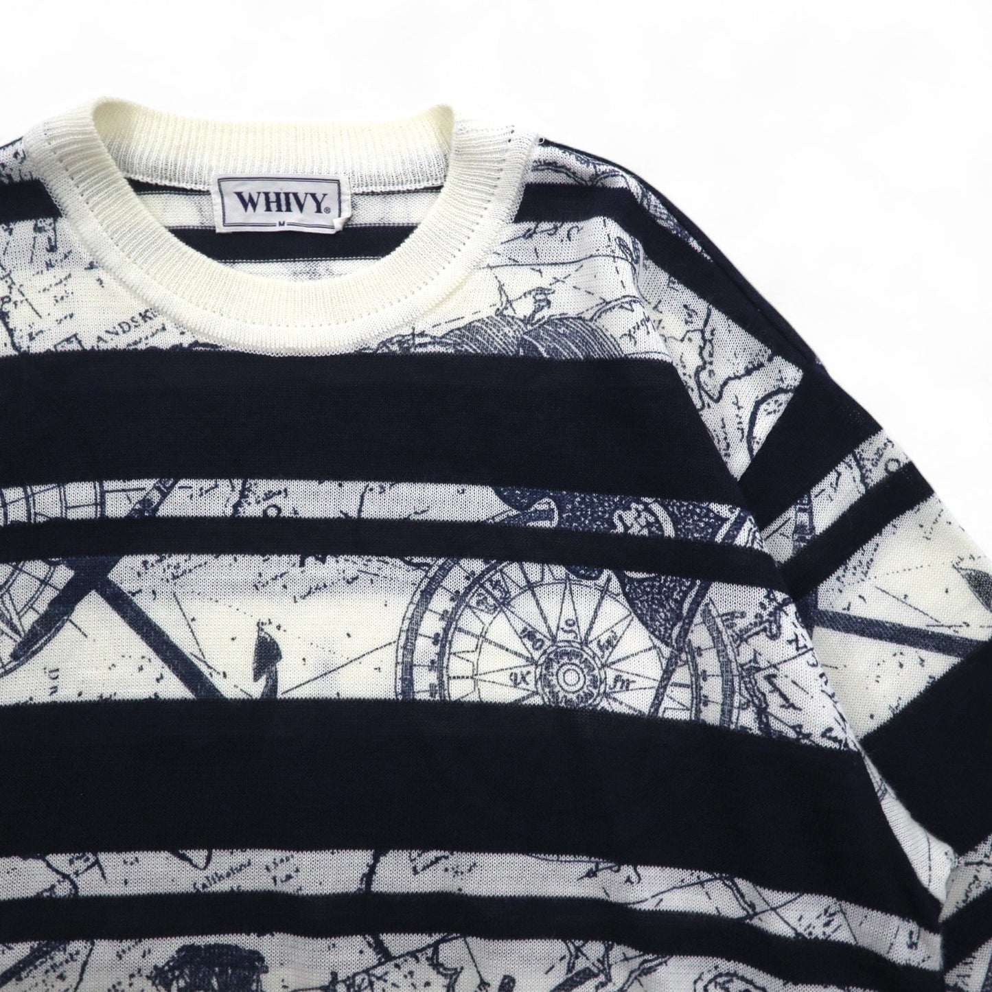 Vintage 90s Retro Striped Sweater WHIVY Linen Knit Sweater, Size M, White, Striped, All-Over Print, Linen