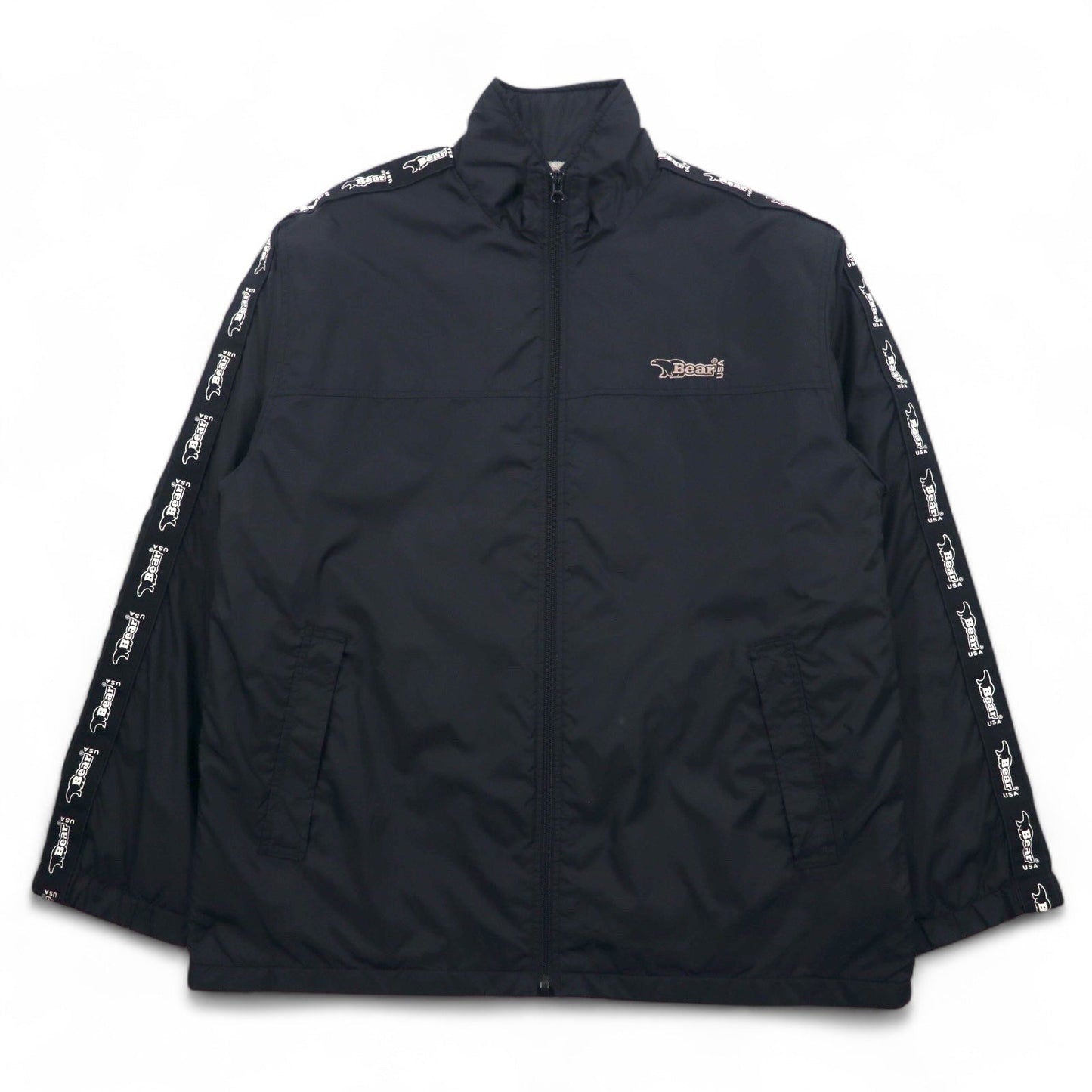 Bear USA 90s Stand Collar Nylon Jacket Jersey, Size XL, Black, Logo Tape, Side Stripes