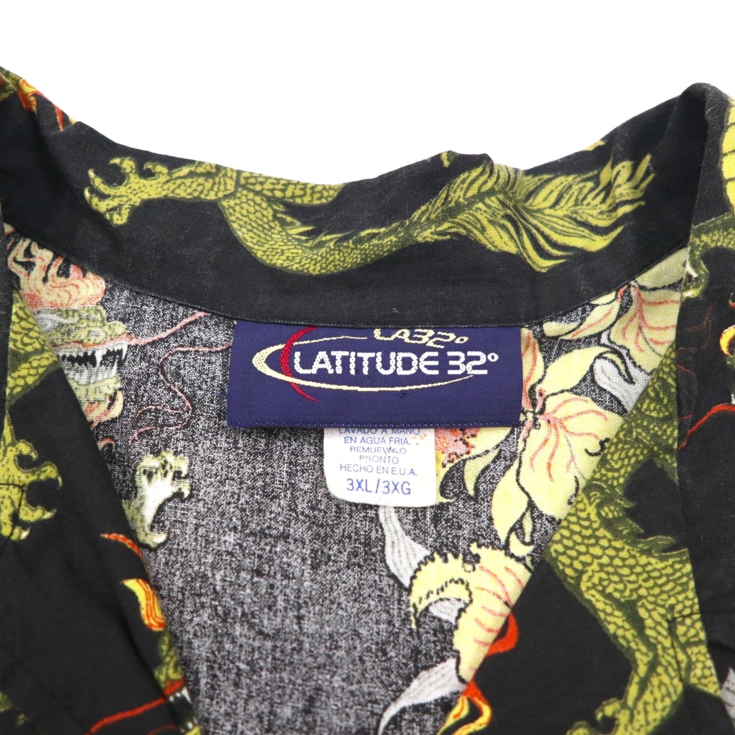 Made in the USA, 90s LATITUDE 32 open-collar aloha shirt, size 3XL, black, all-over dragon and hibiscus print.