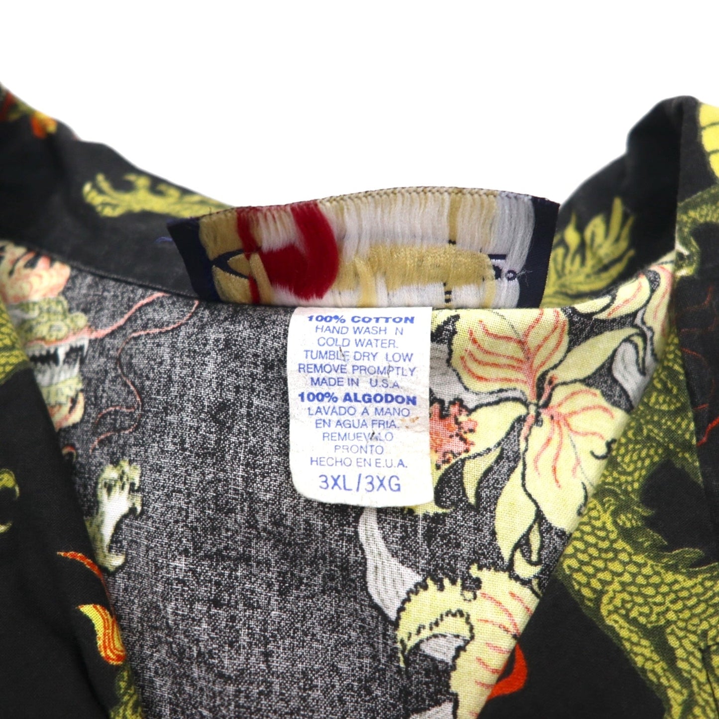 Made in the USA, 90s LATITUDE 32 open-collar aloha shirt, size 3XL, black, all-over dragon and hibiscus print.