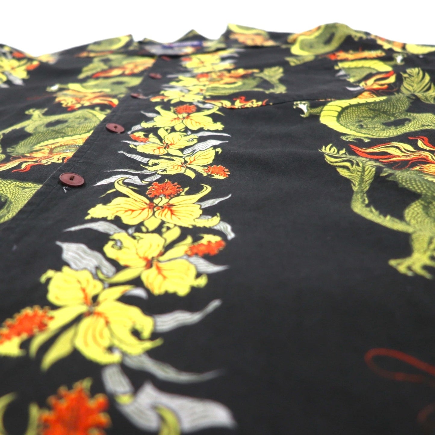 Made in the USA, 90s LATITUDE 32 open-collar aloha shirt, size 3XL, black, all-over dragon and hibiscus print.