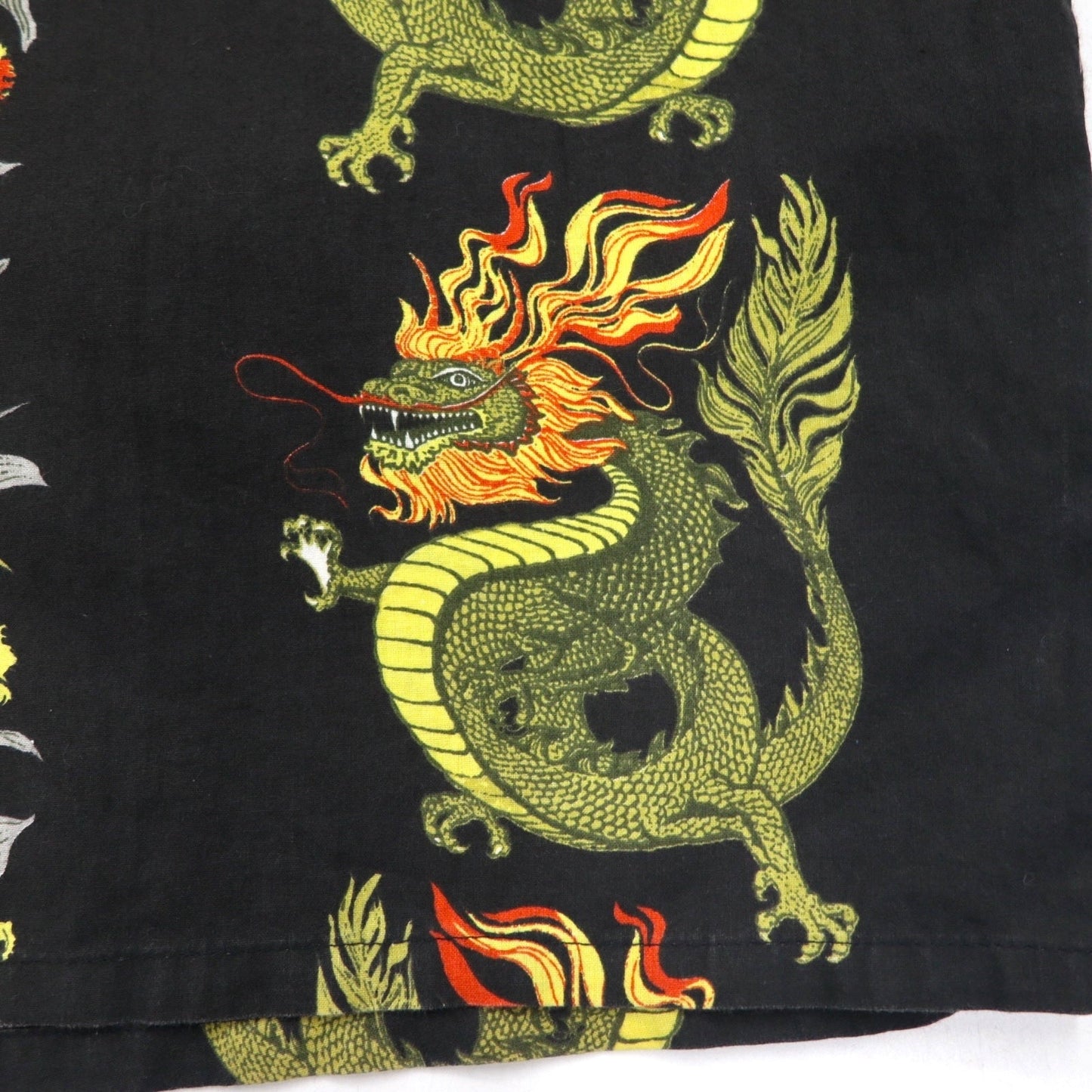 Made in the USA, 90s LATITUDE 32 open-collar aloha shirt, size 3XL, black, all-over dragon and hibiscus print.