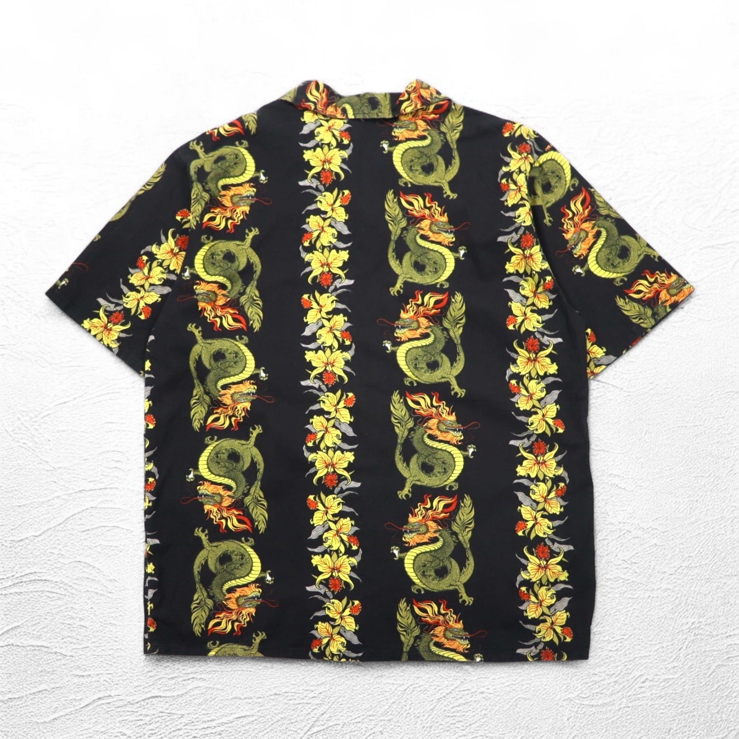 Made in the USA, 90s LATITUDE 32 open-collar aloha shirt, size 3XL, black, all-over dragon and hibiscus print.