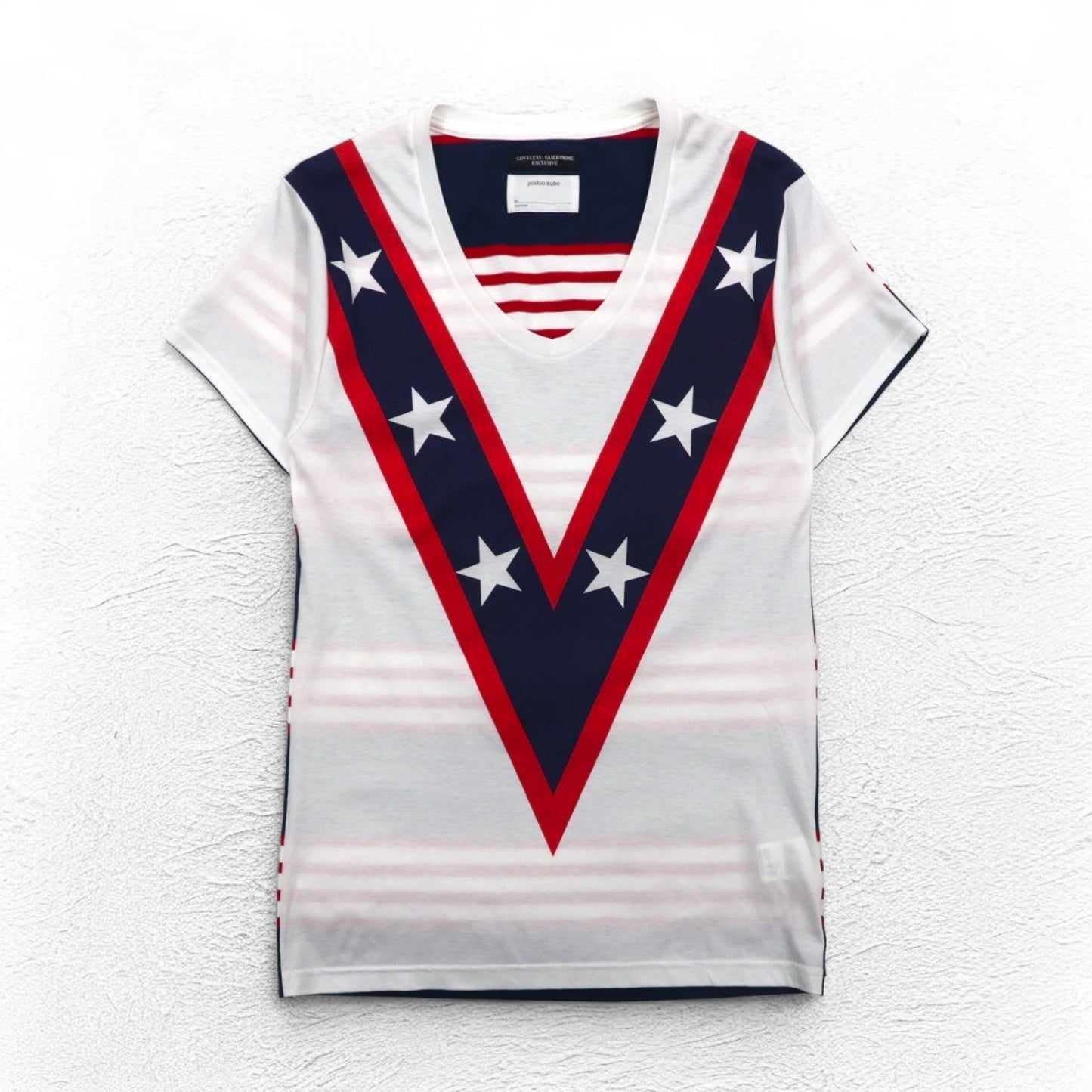 yoshio kubo x LOVELESS V-neck T-shirt, size M, white, star pattern, GUILD PRIME exclusive, made in Japan