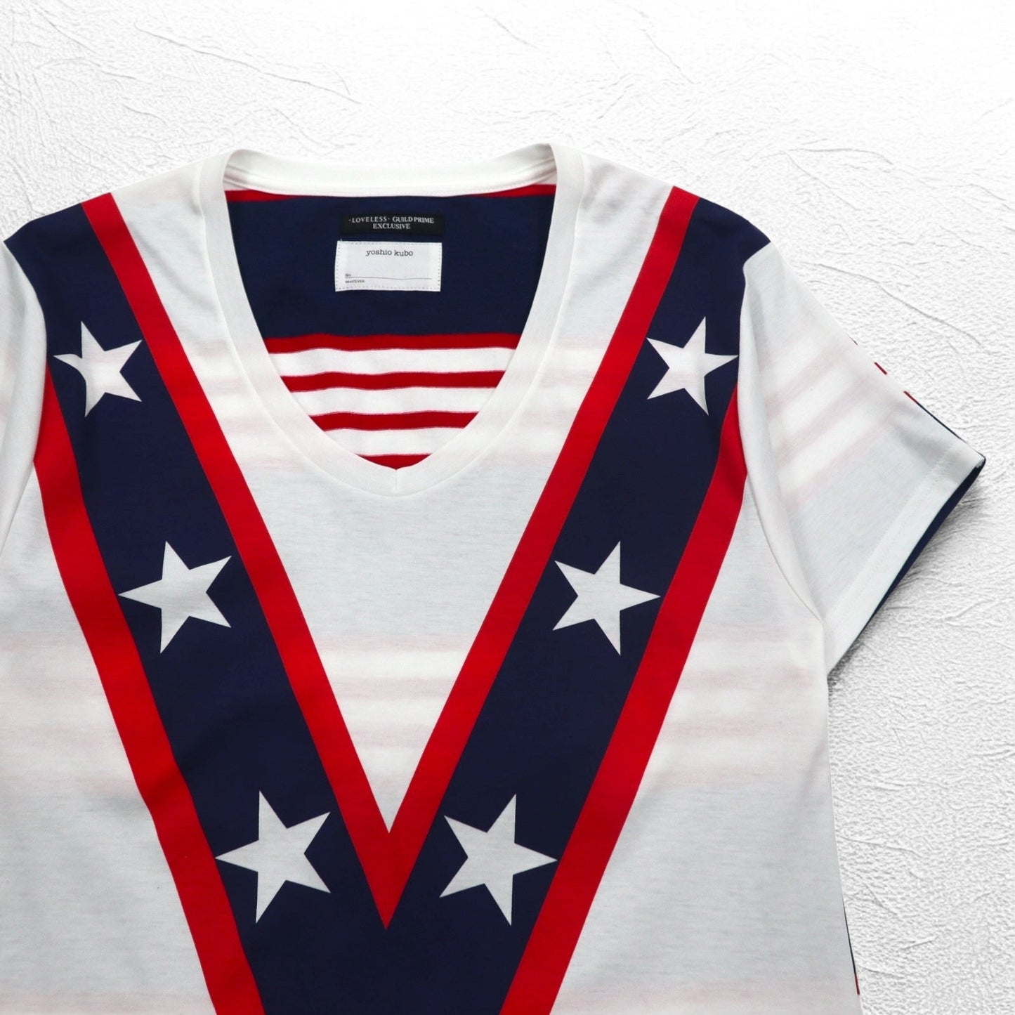 yoshio kubo x LOVELESS V-neck T-shirt, size M, white, star pattern, GUILD PRIME exclusive, made in Japan