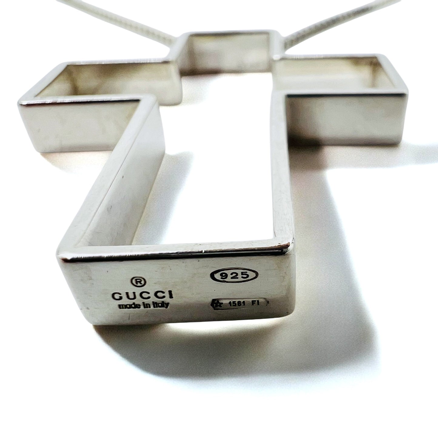 GUCCI Italian Open Cross Necklace Pendant in Silver SV925 with 3D Cross Design