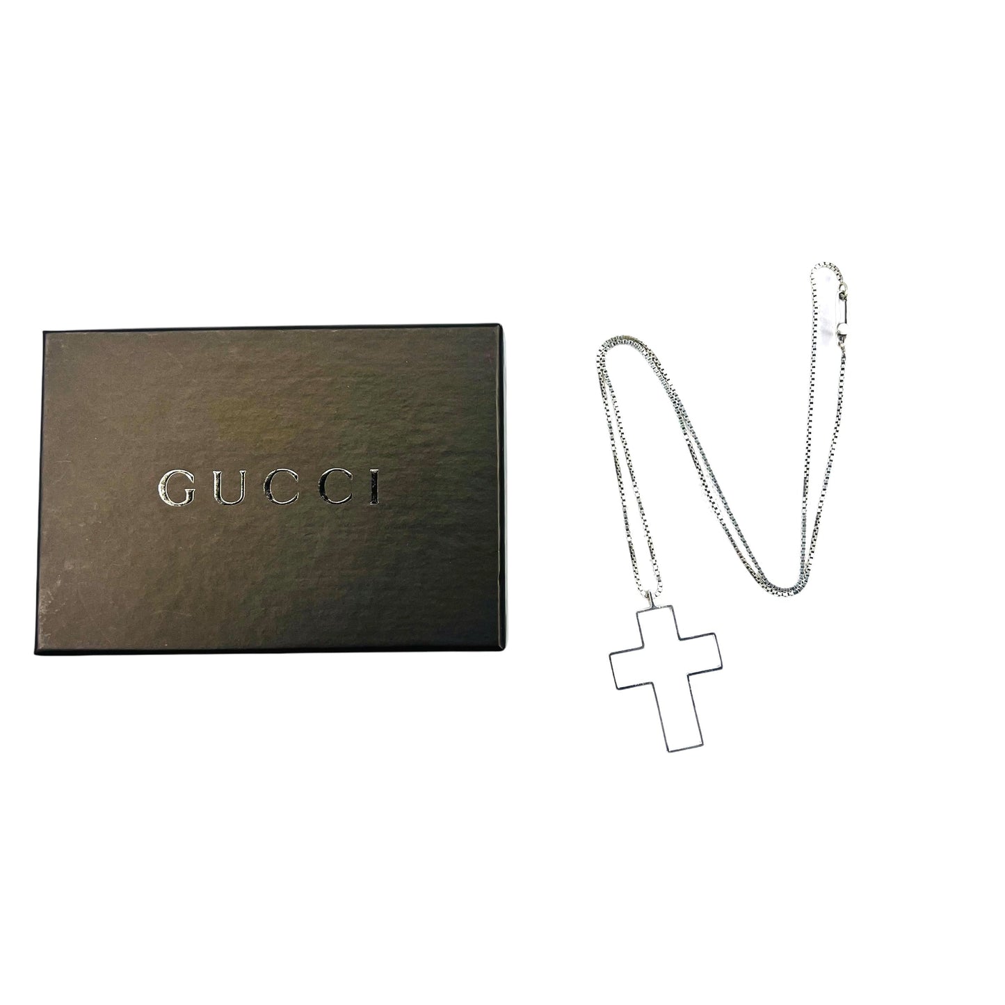 GUCCI Italian Open Cross Necklace Pendant in Silver SV925 with 3D Cross Design