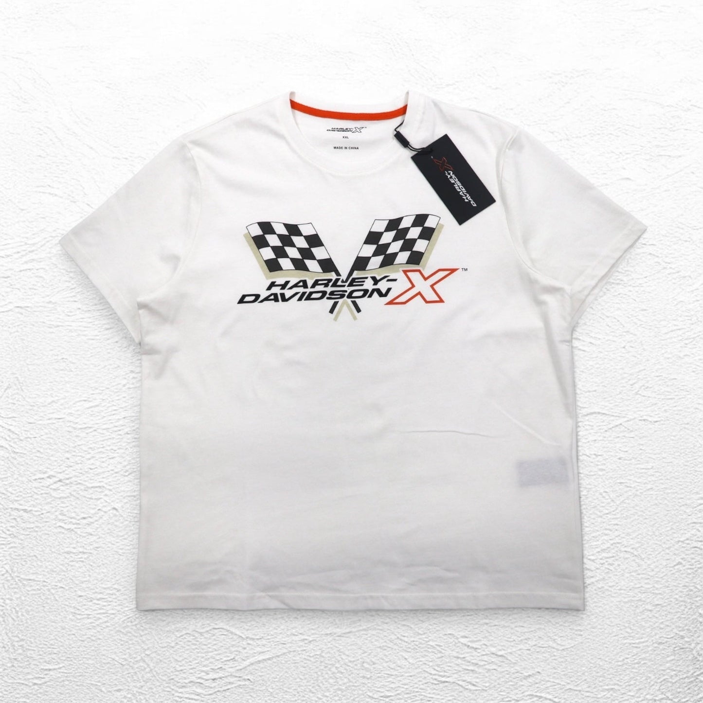 HARLEY DAVIDSON Flag Check Print T-Shirt, Size 2XL, White, Cotton, Unused