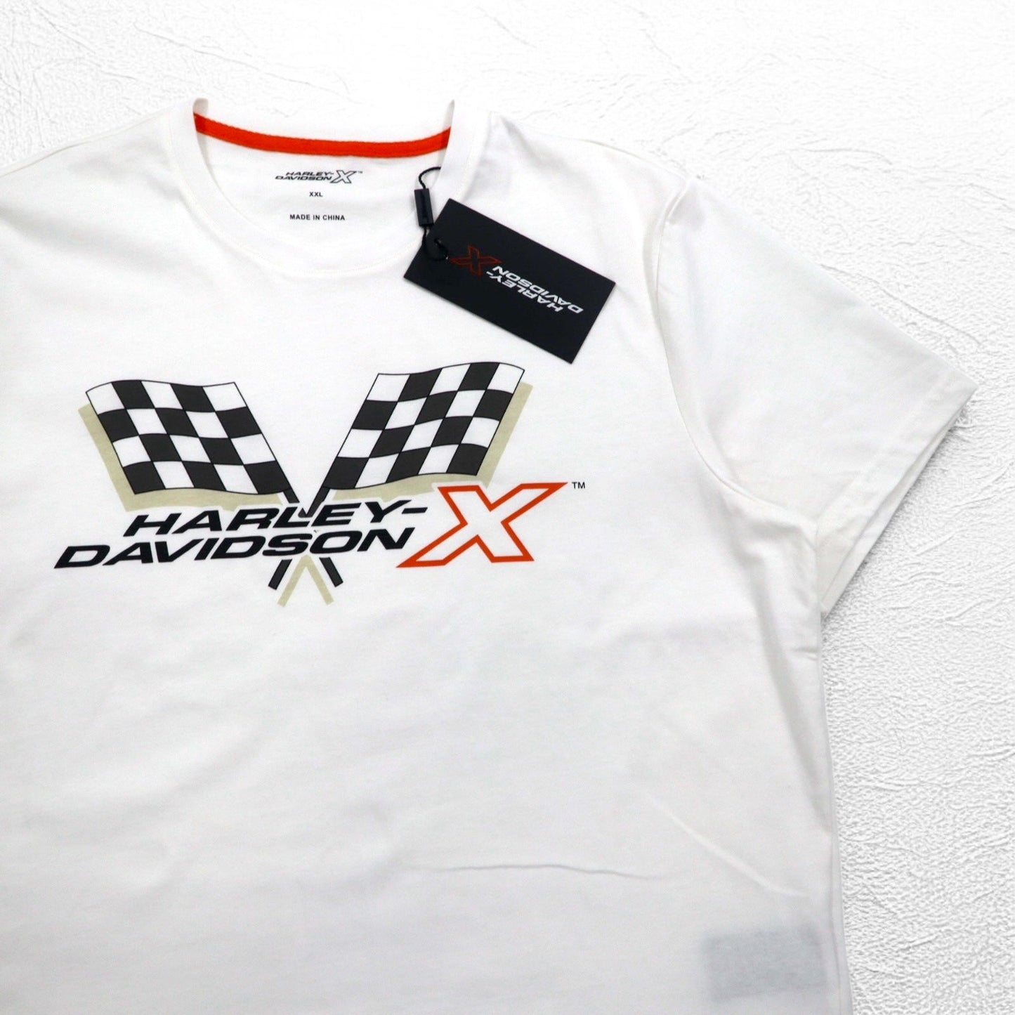 HARLEY DAVIDSON Flag Check Print T-Shirt, Size 2XL, White, Cotton, Unused